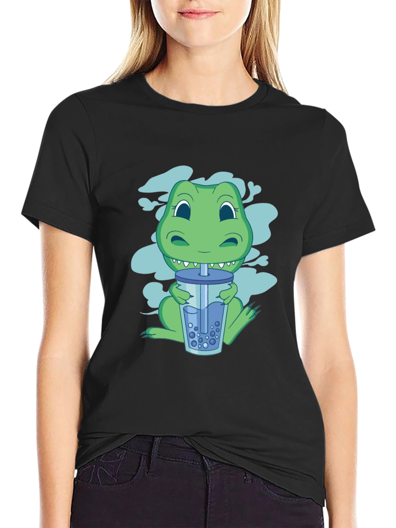 Black Dino Boba Tea Graphic Tee - Black Cotton T-Shirt view 2