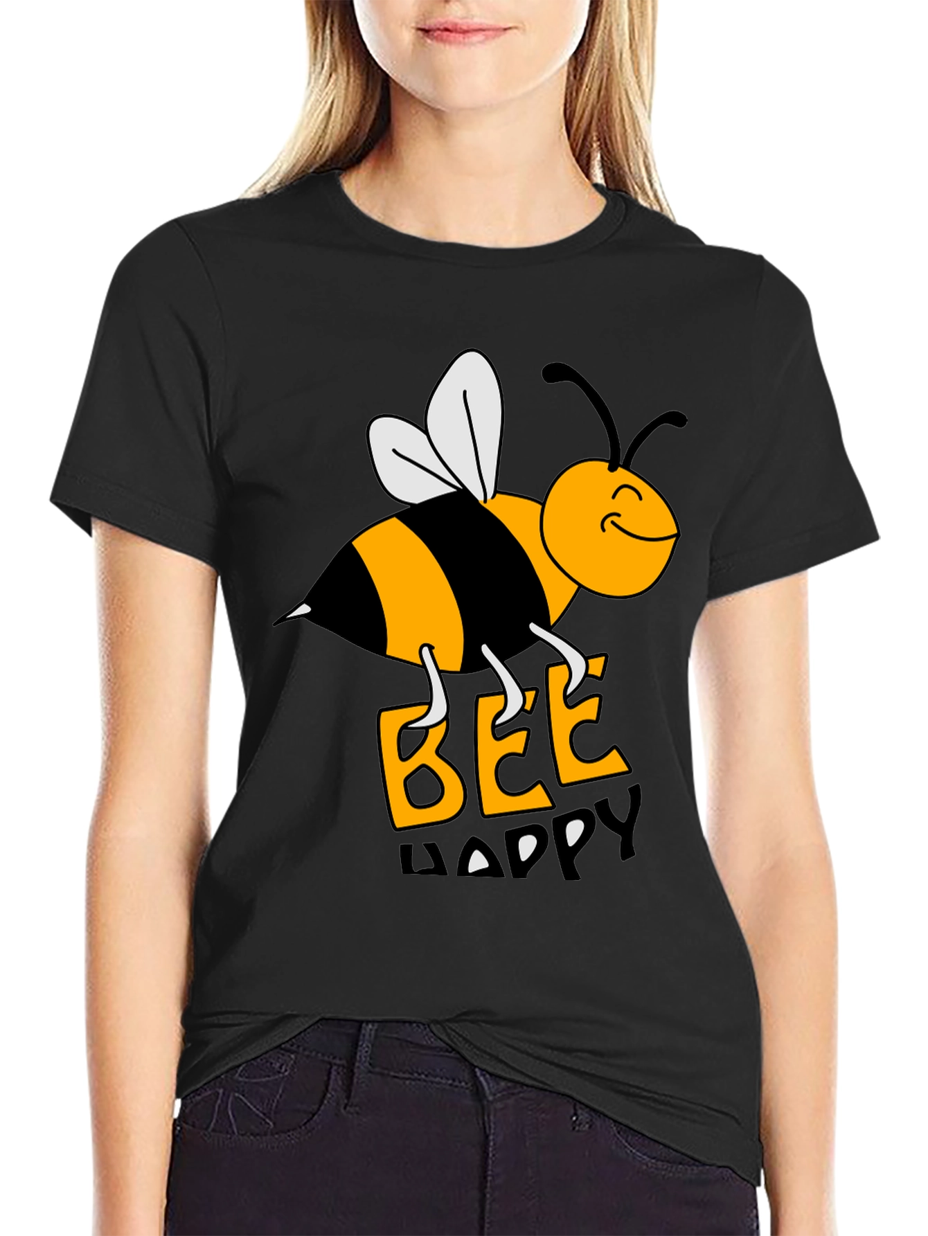 Black Bee Happy Graphic Tee - Black Cotton T-Shirt view 2