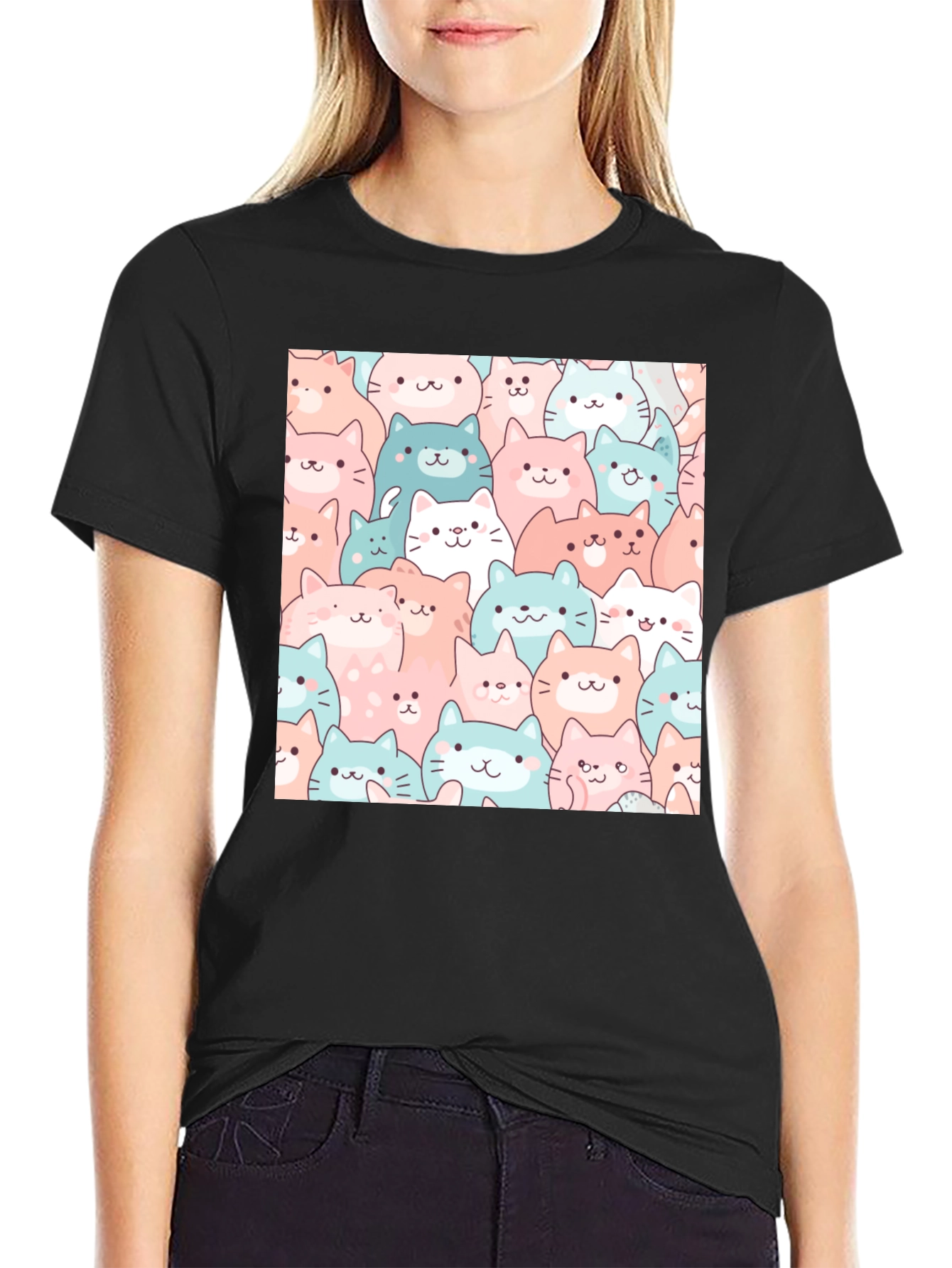 Black Cute Cats Pattern Black T-Shirt view 2