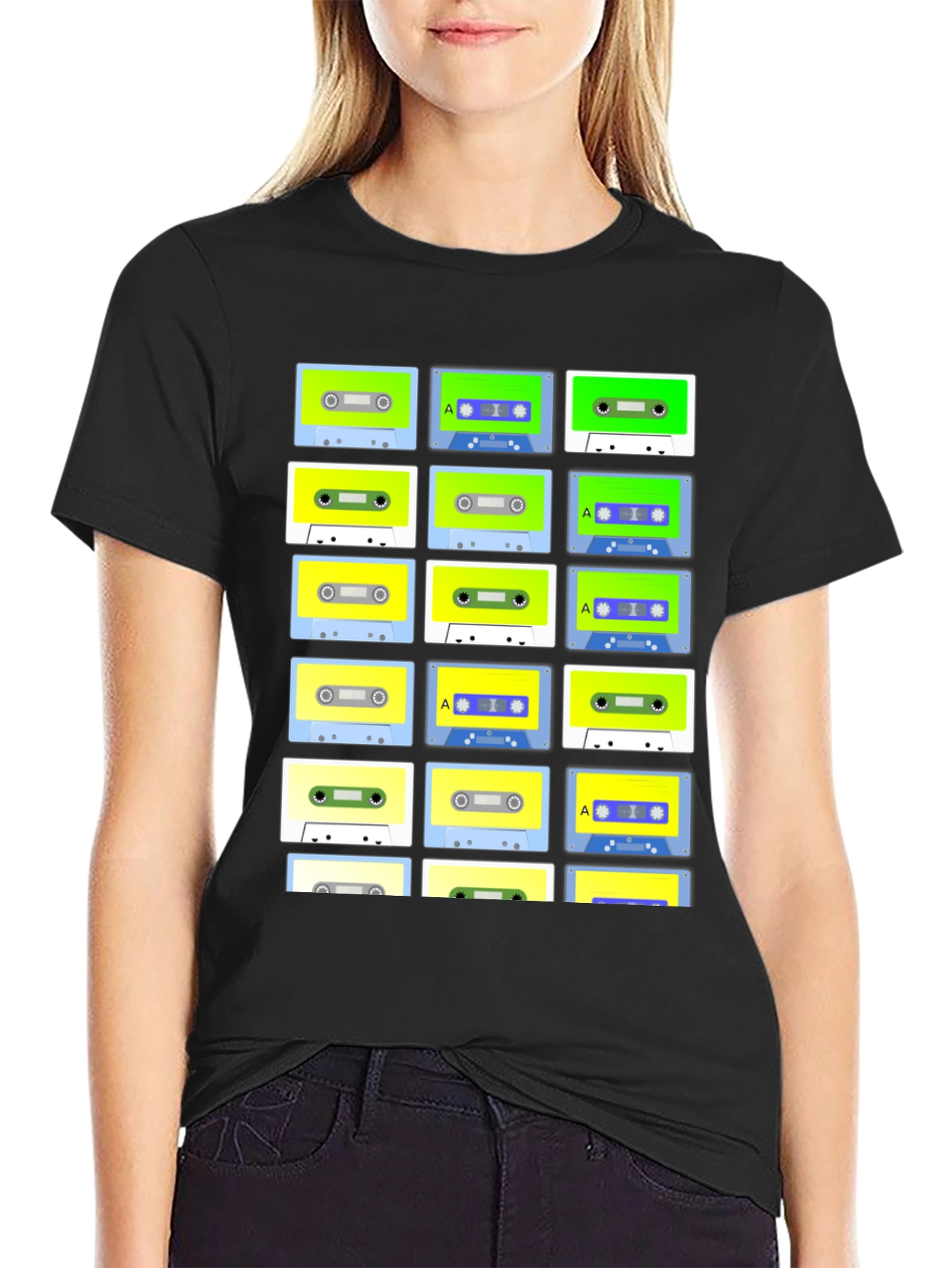Black Retro Cassette Tape Pattern Black T-Shirt view 2