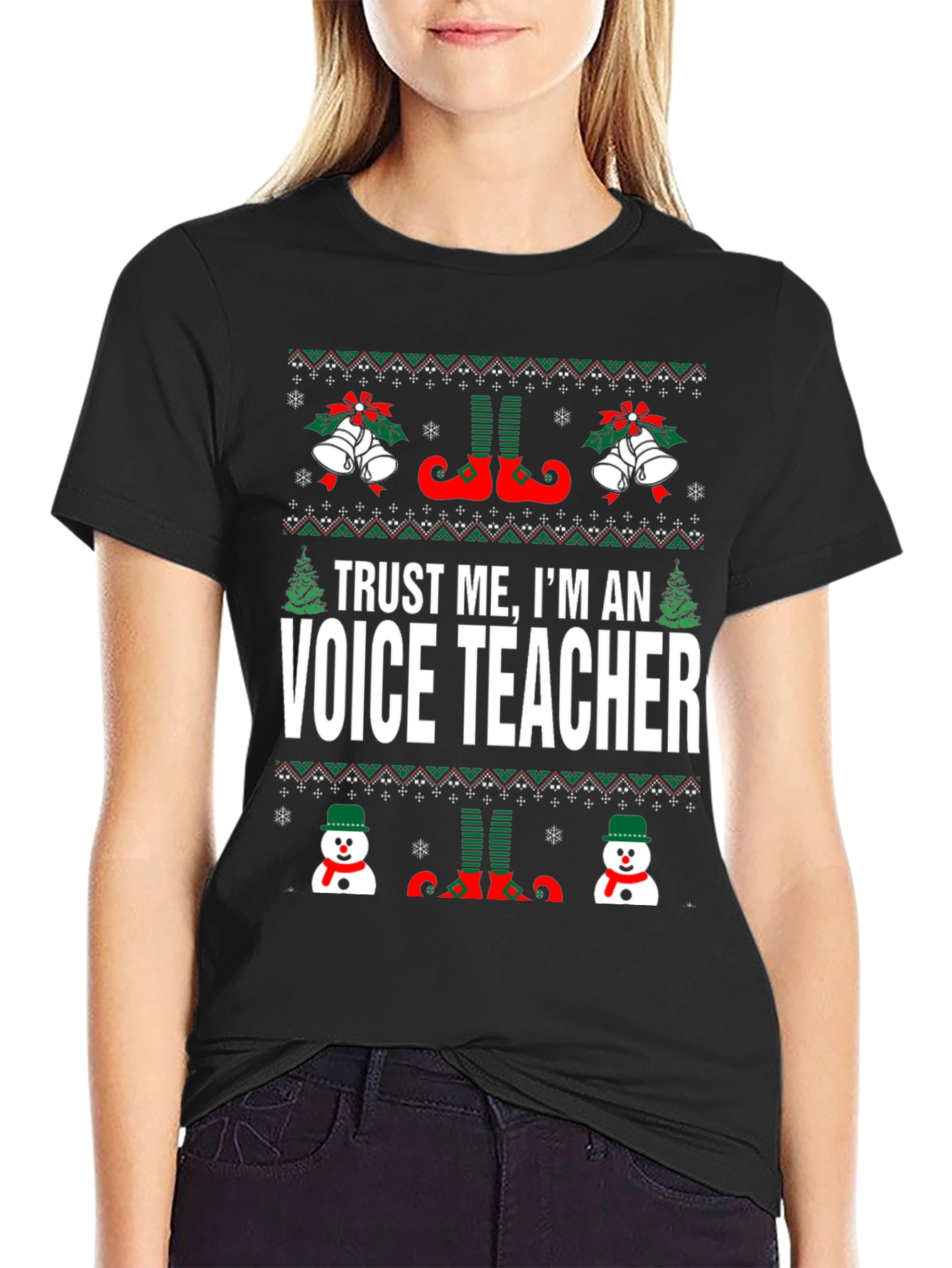 Black Funny Voice Teacher Christmas T-Shirt view 2