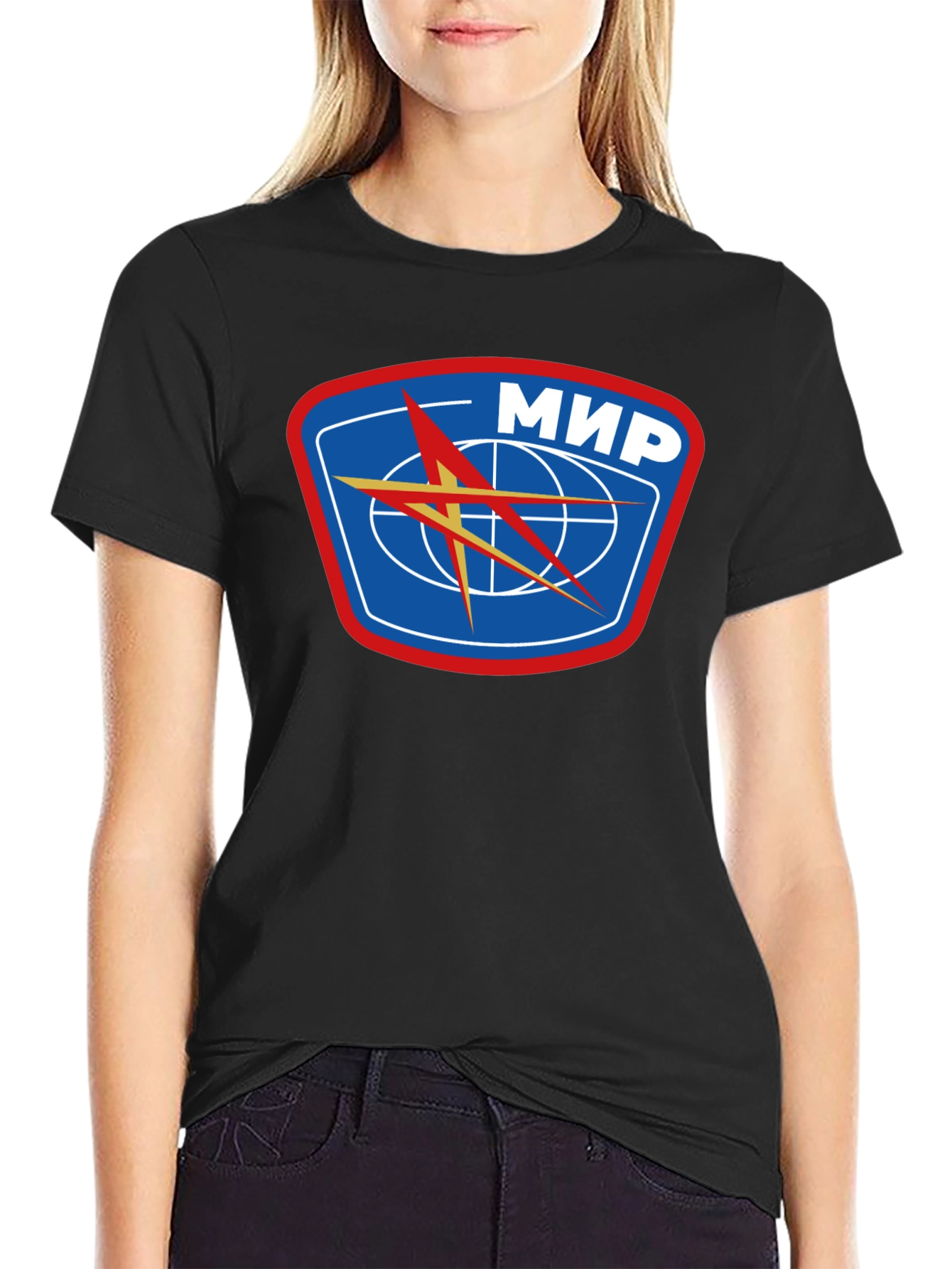 Black Retro MIR Space Station Black T-Shirt view 2