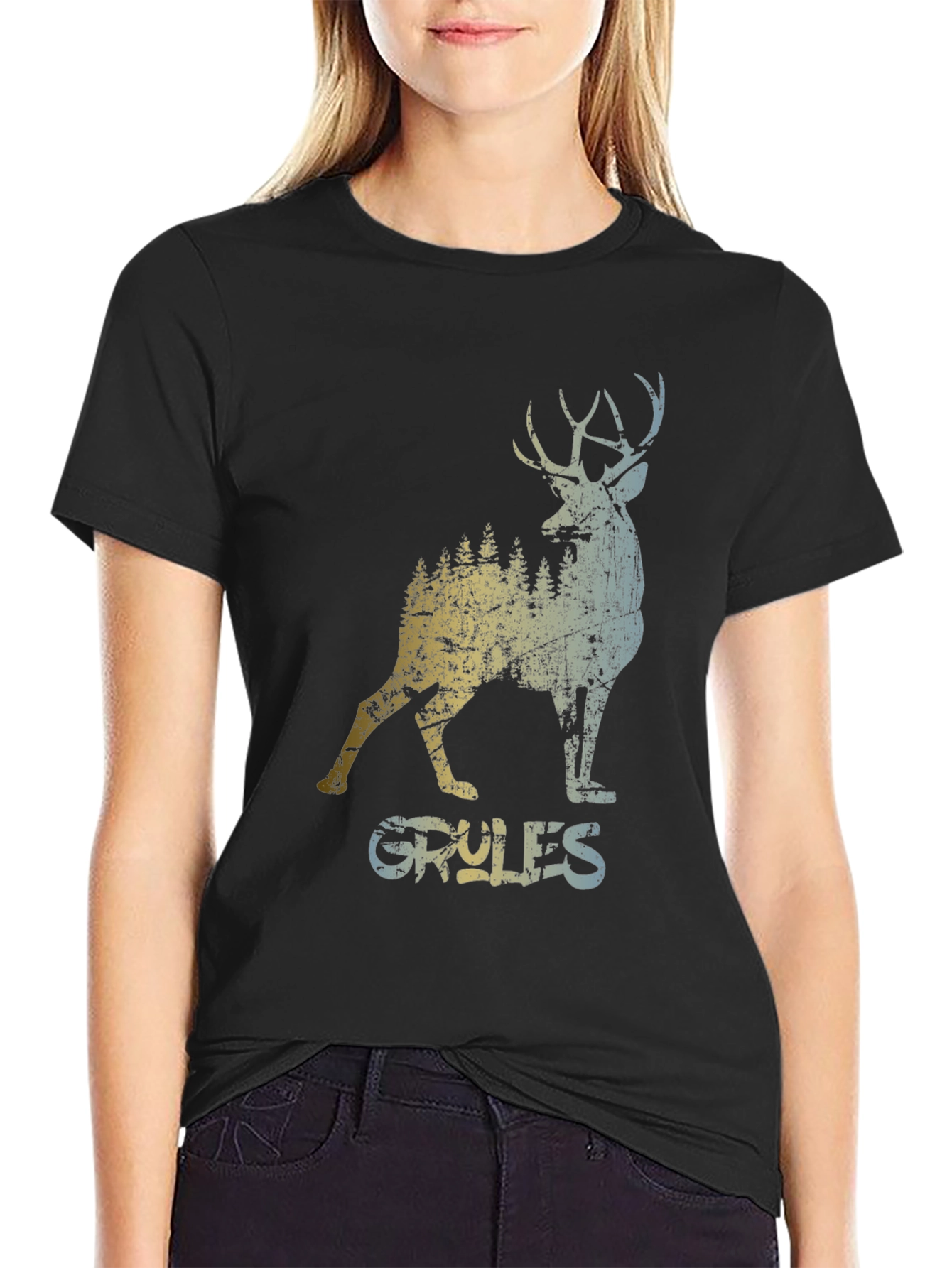 Black Vintage Style Deer Graphic T-Shirt view 2