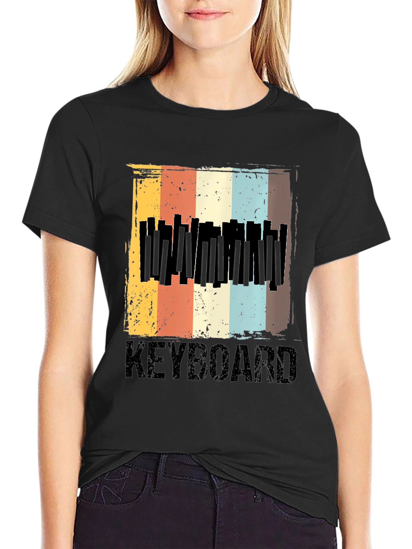 Black Vintage Keyboard T-Shirt - Retro Music Lover Tee view 2