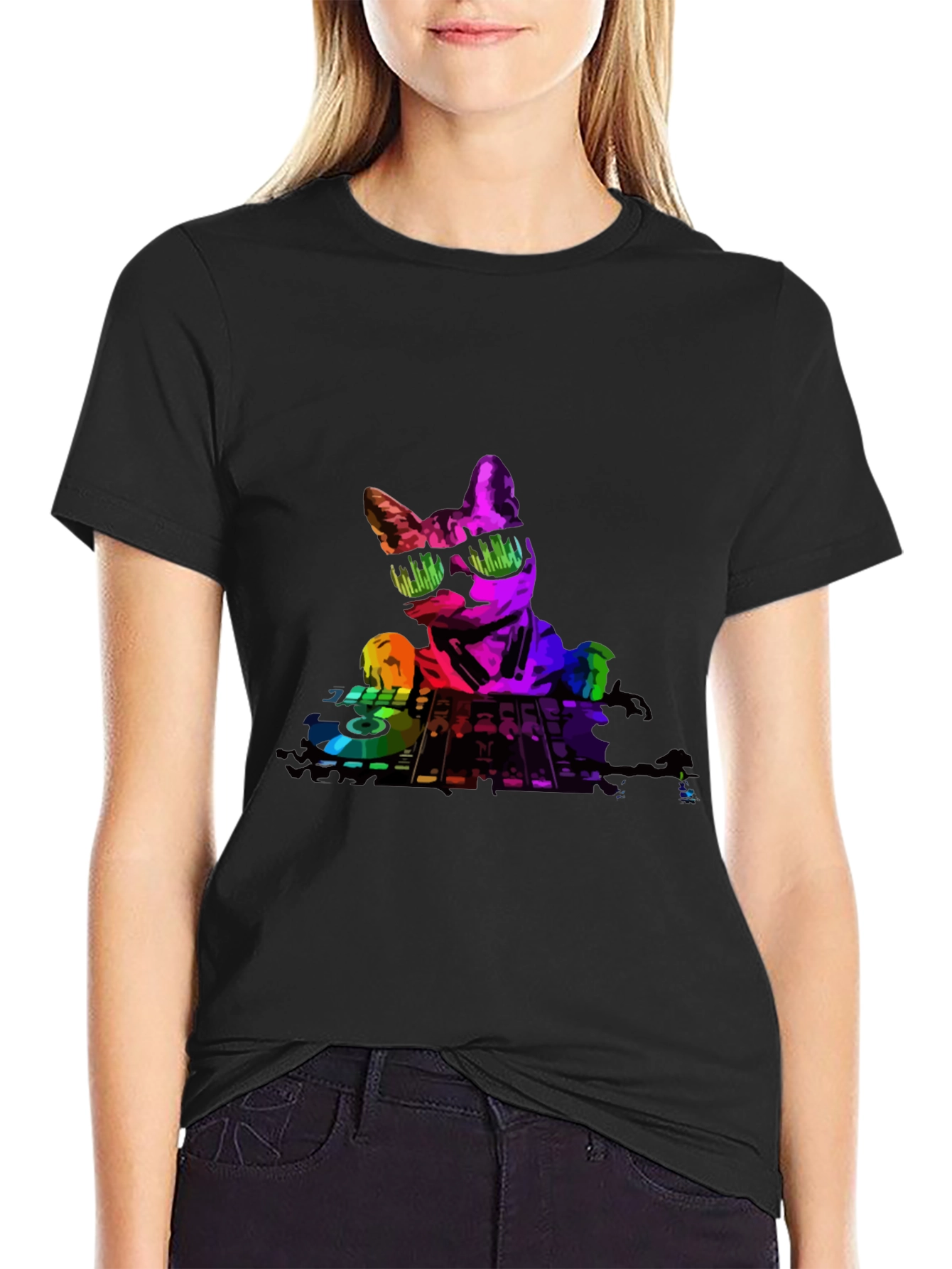 Black DJ Cat Graphic T-Shirt - Cool Music Lover Tee view 2