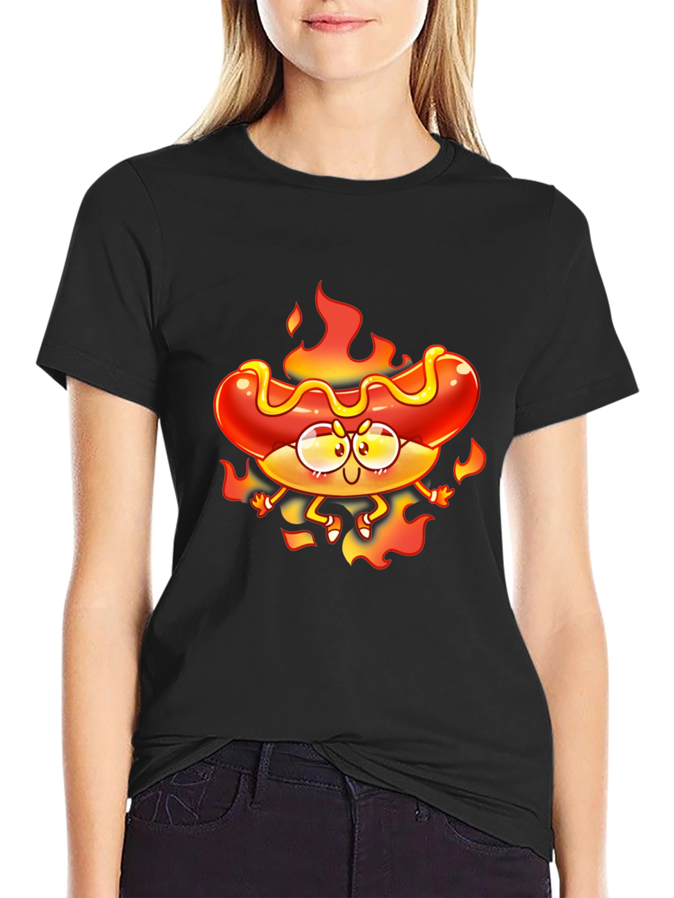 Black Flaming Hotdog Cartoon Graphic T-Shirt view 2