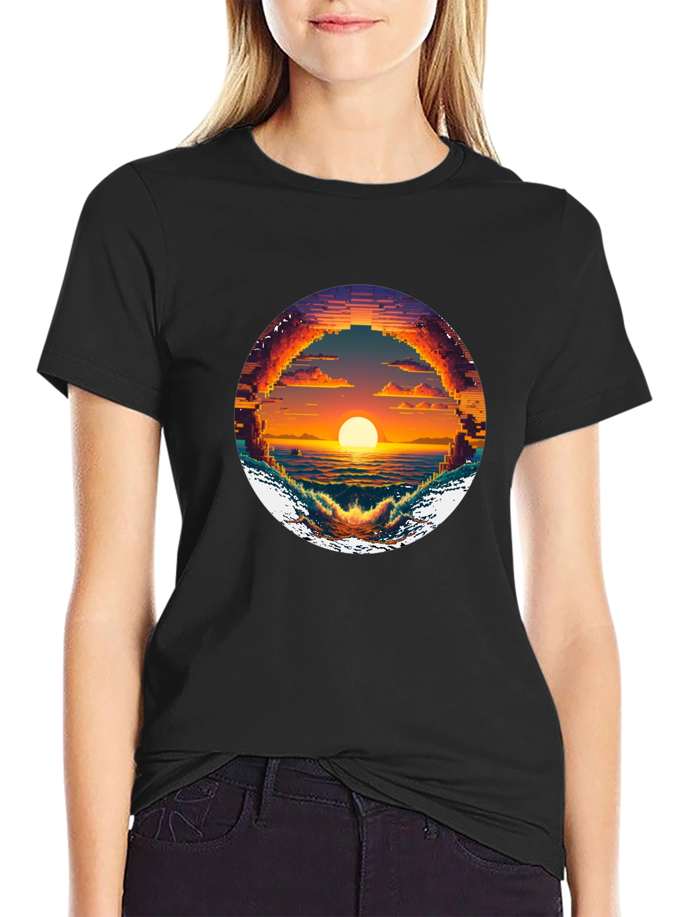 Black Pixel Sunset Graphic Tee - Retro Style view 2