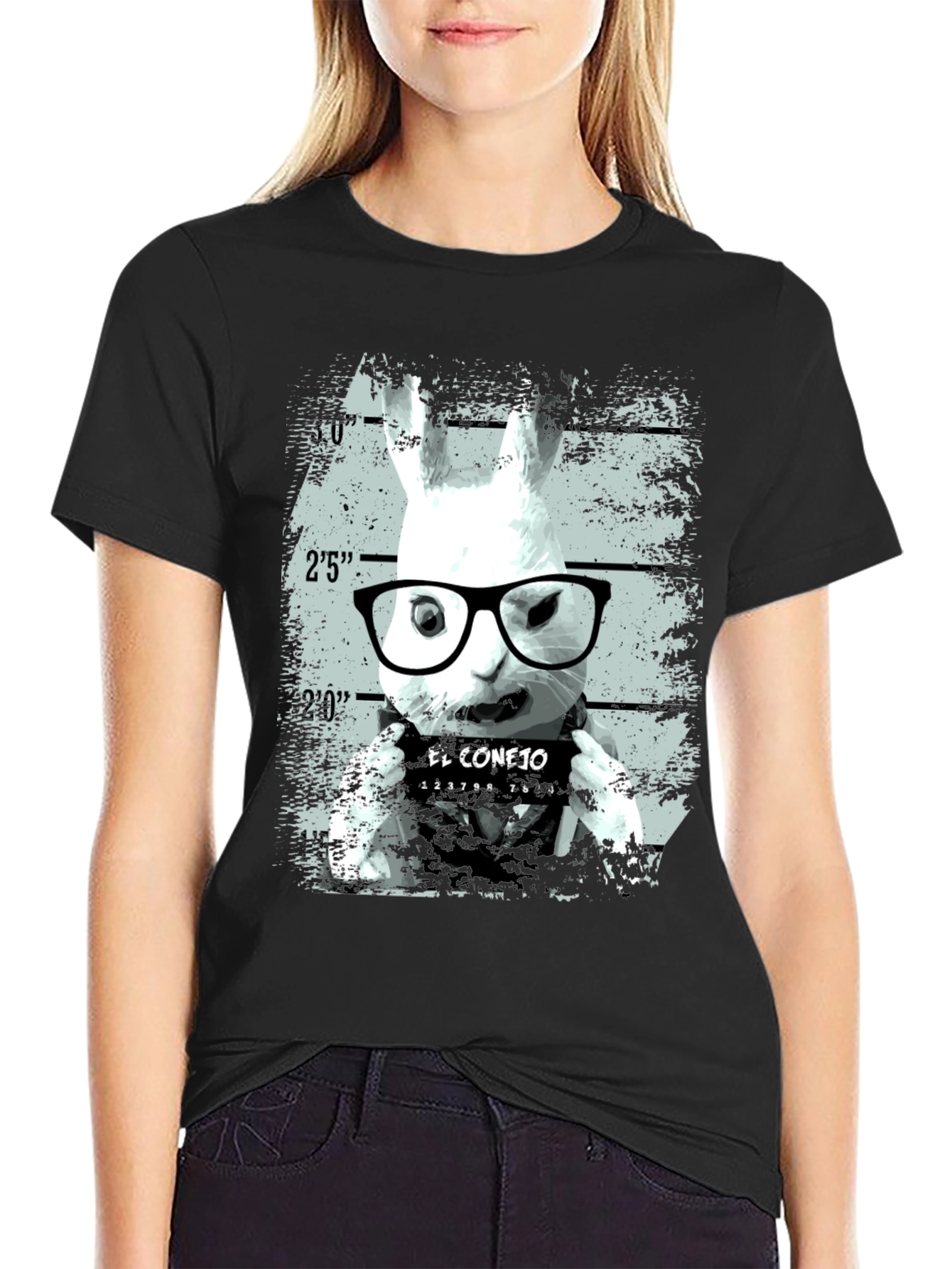 Black Funny Rabbit Mugshot Graphic Tee - Black view 2