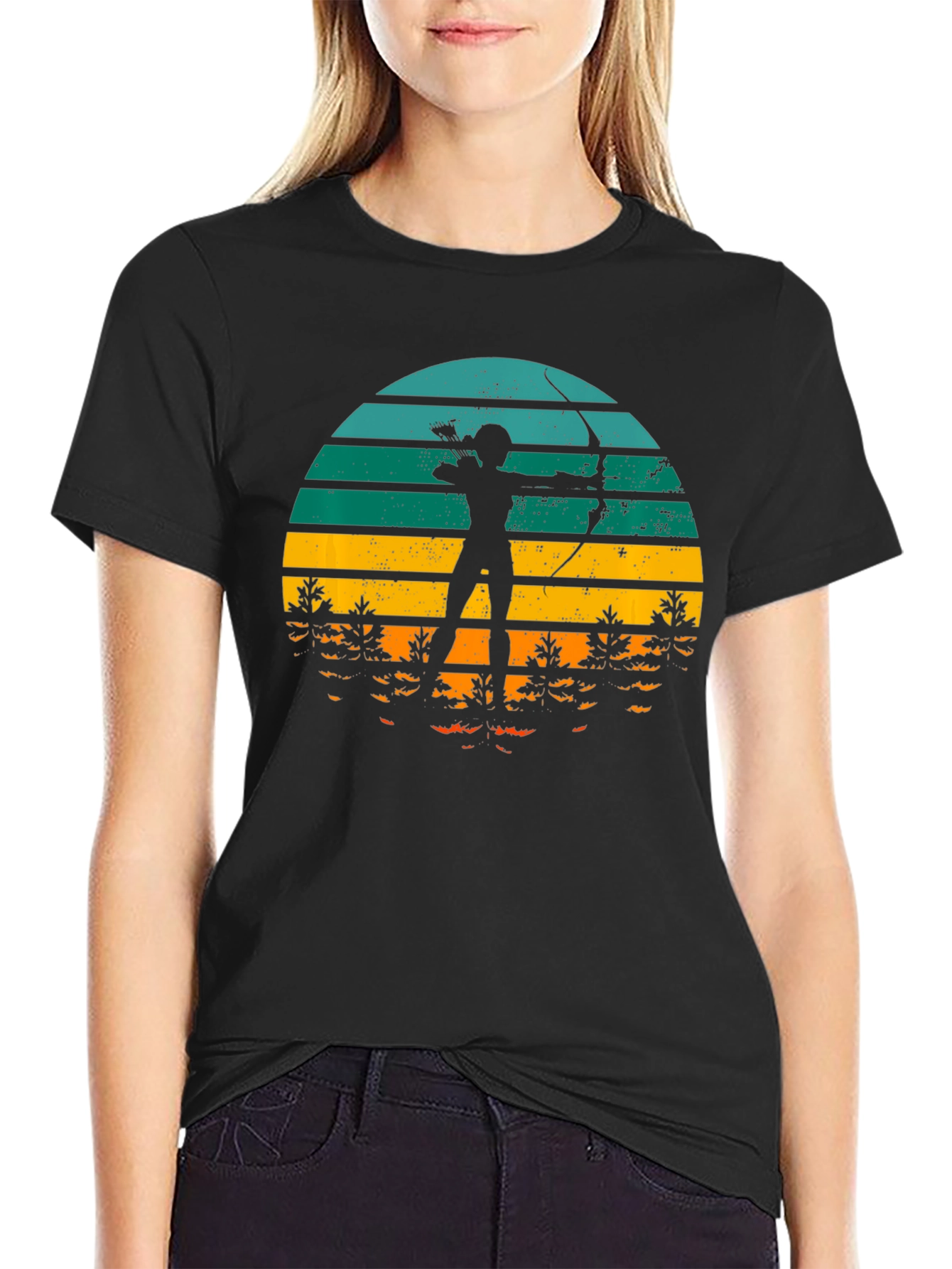 Black Archery Sunset T-Shirt - Retro Style Bow and Arrow Tee view 2