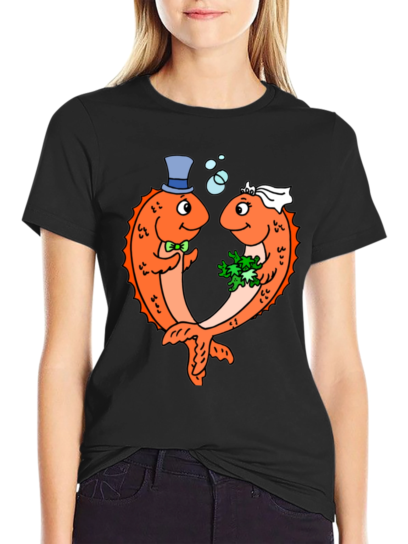 Black Funny Fish Wedding Black T-Shirt view 2