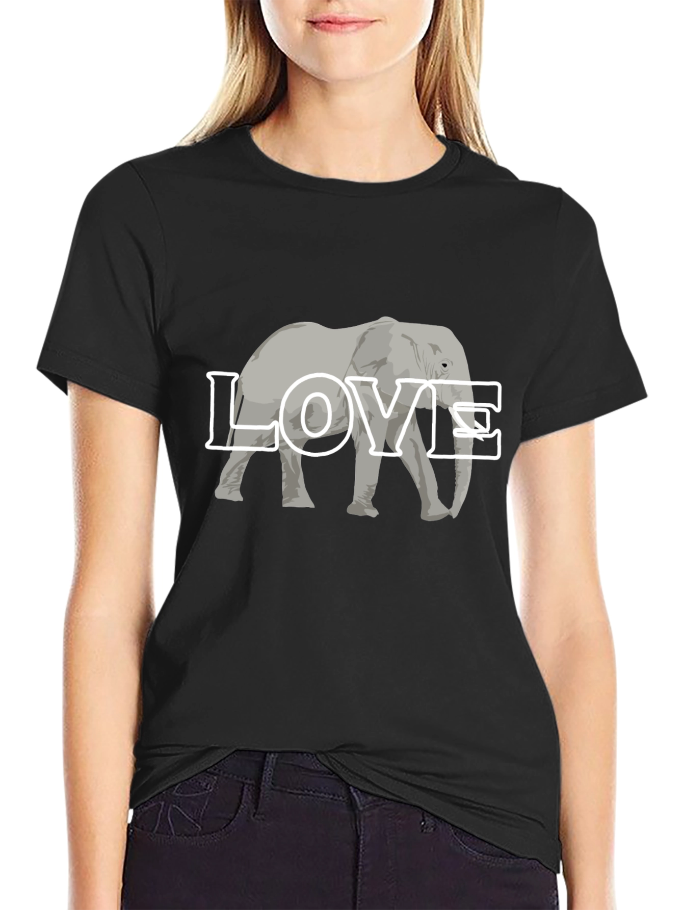 Black Elephant Love Graphic Tee - Black Cotton T-Shirt view 2