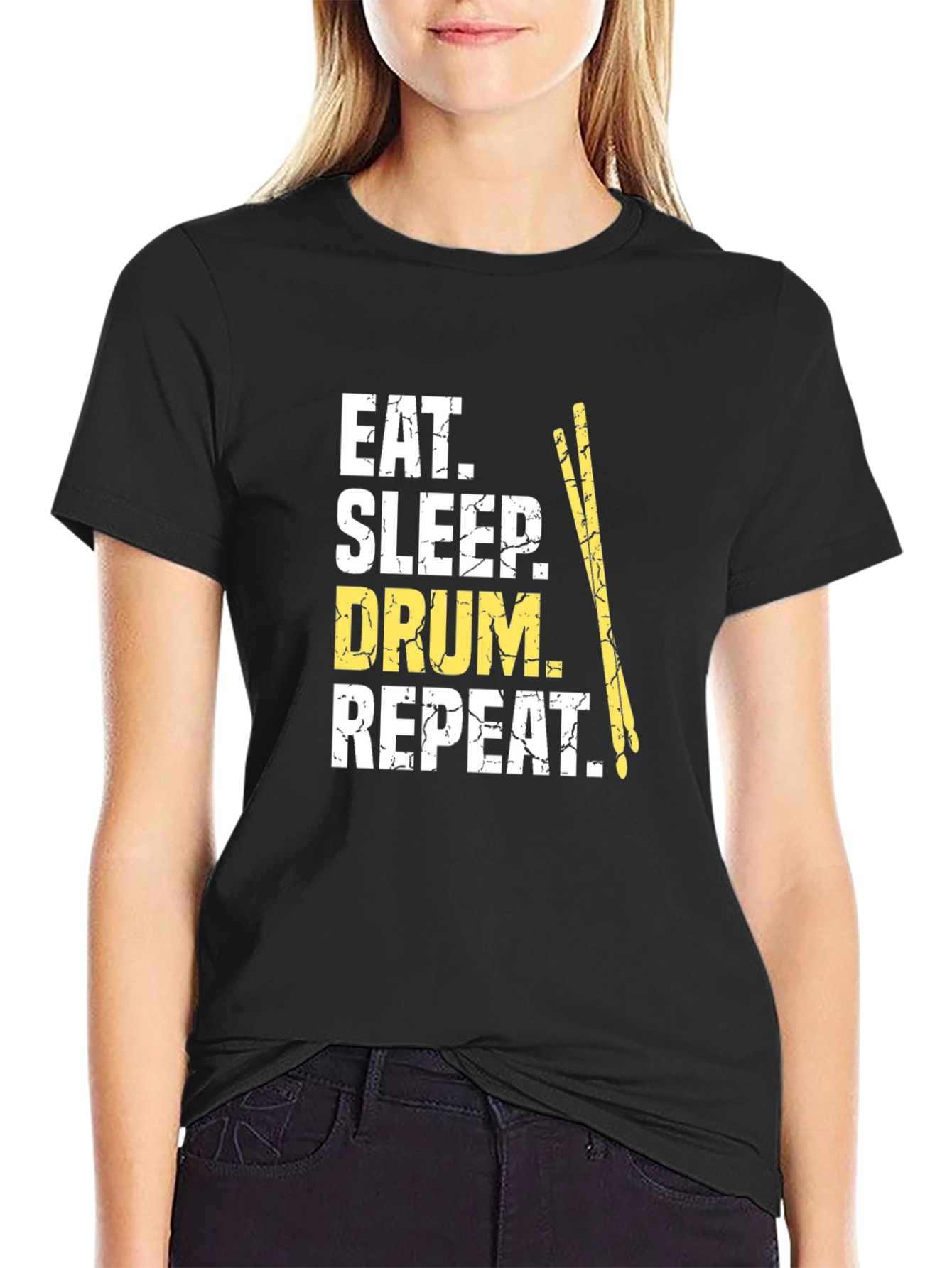 Black Eat Sleep Drum Repeat T-Shirt - Music Lover Tee view 2