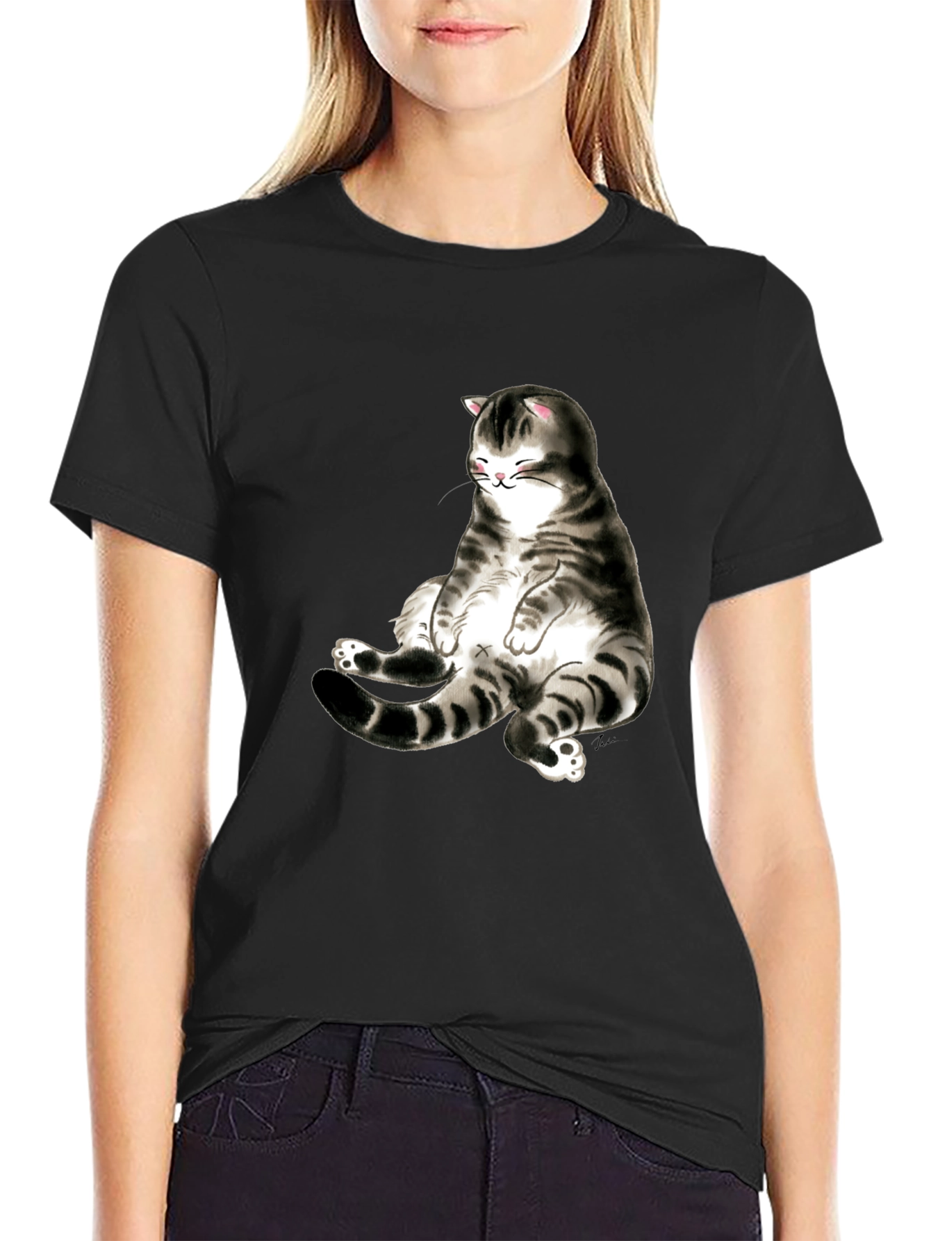 Black Funny Cat Graphic Black T-Shirt view 2