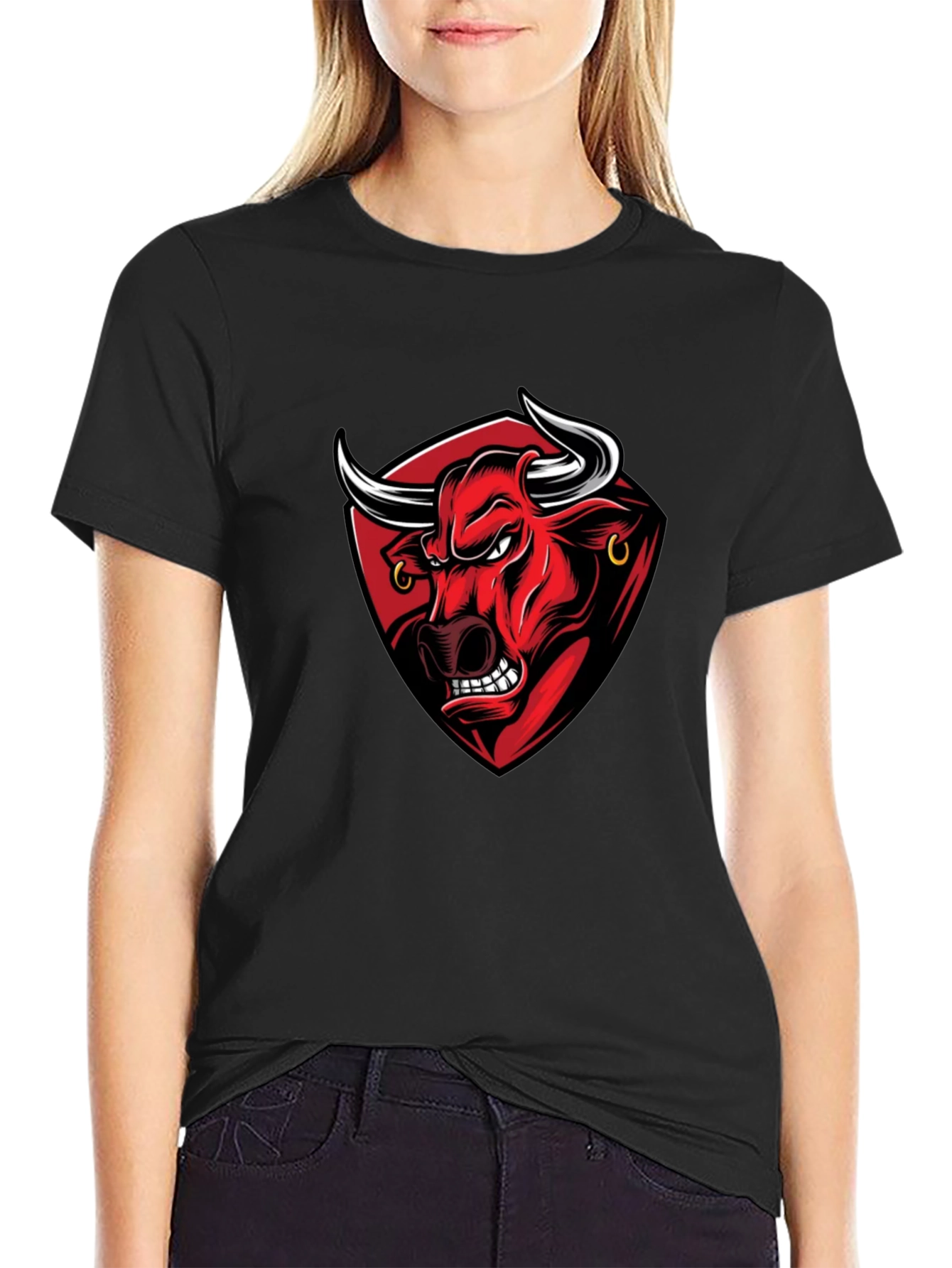 Black Men's Black Graphic Tee - Angry Bull Design view 2