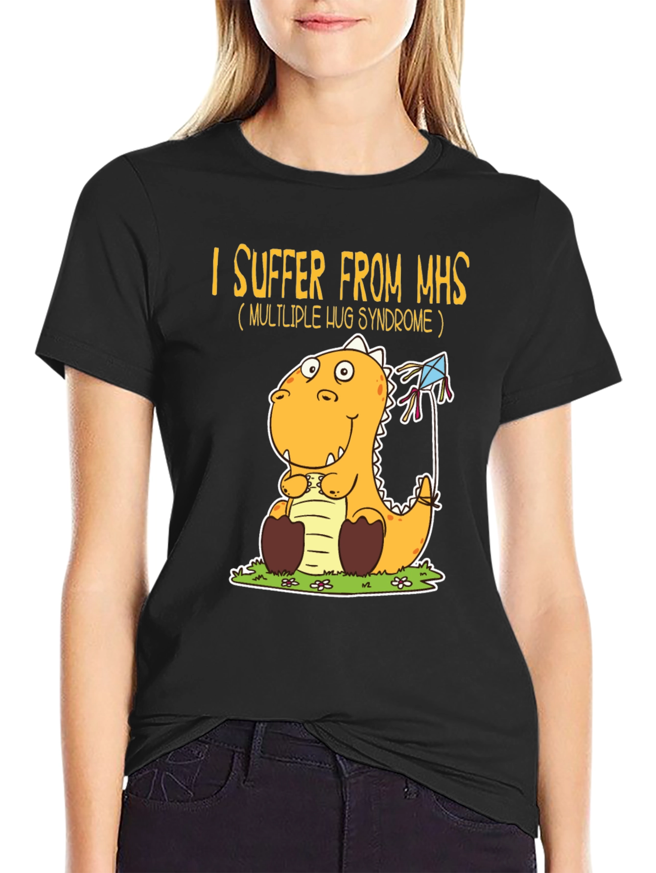 Black MHS Hug Syndrome Dinosaur T-Shirt view 2