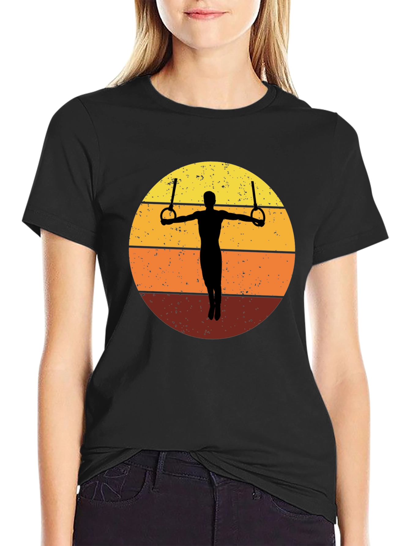 Black Gymnastics Rings T-Shirt Retro Sunset Graphic Tee view 2