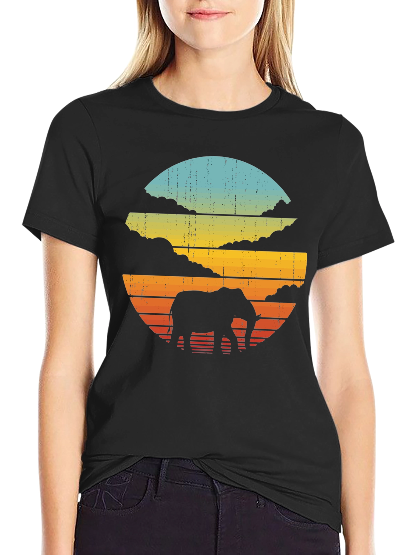 Black Retro Elephant Sunset Black T-Shirt view 2