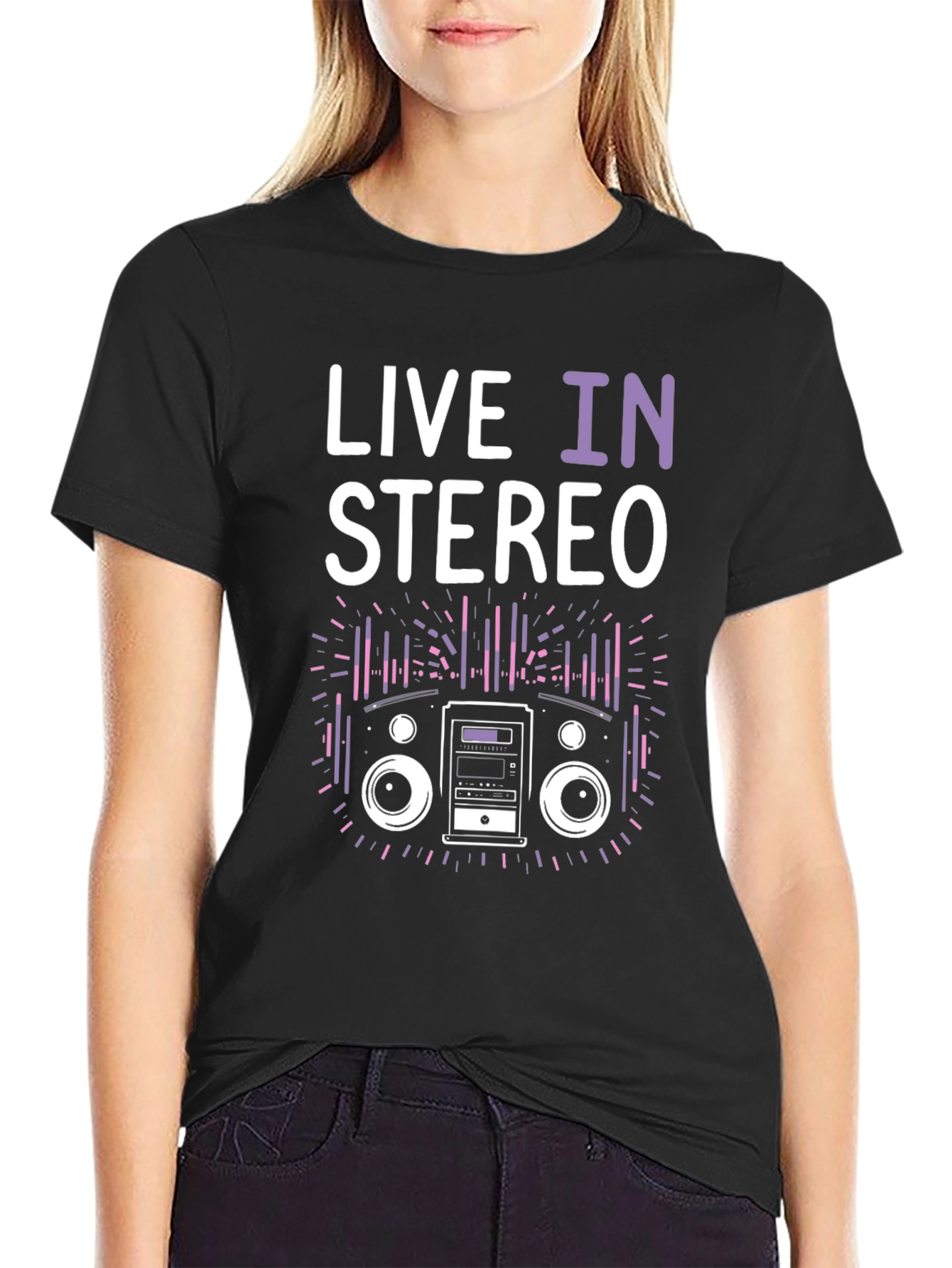 Black Live In Stereo Graphic Tee - Music Lover T-Shirt view 2