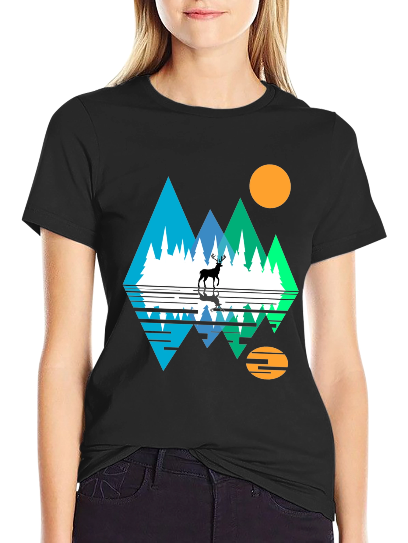 Black Nature Deer Graphic Tee - Black Cotton Blend view 2