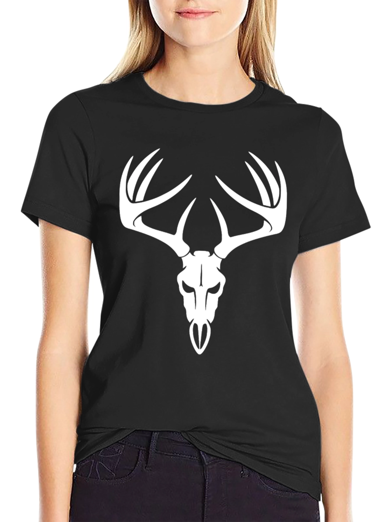 Black Deer Skull Graphic Tee - Black Cotton T-Shirt view 2