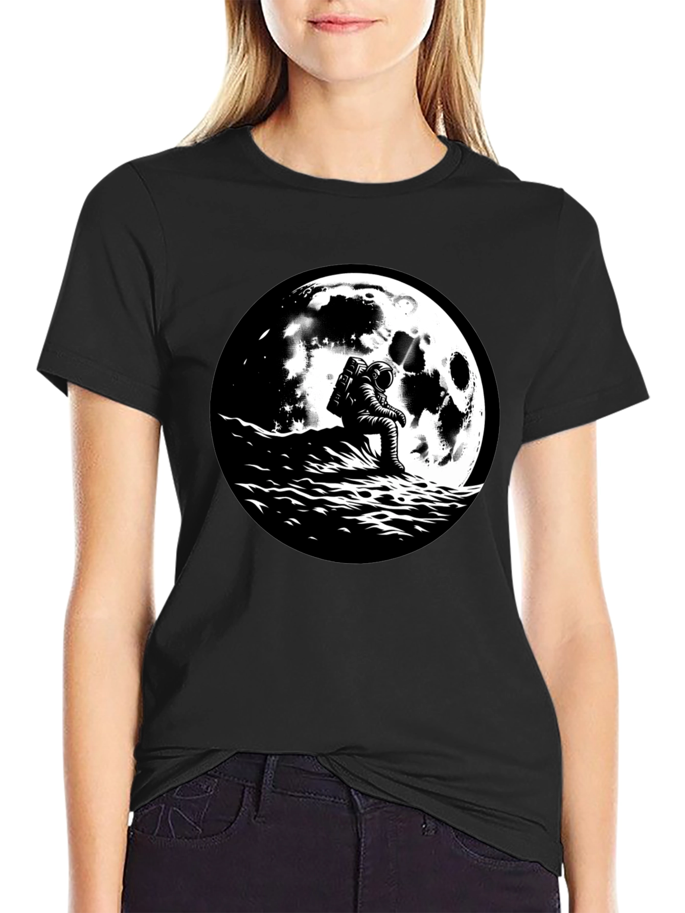 Black Astronaut Moon Graphic T-Shirt - Black Cotton Tee view 2