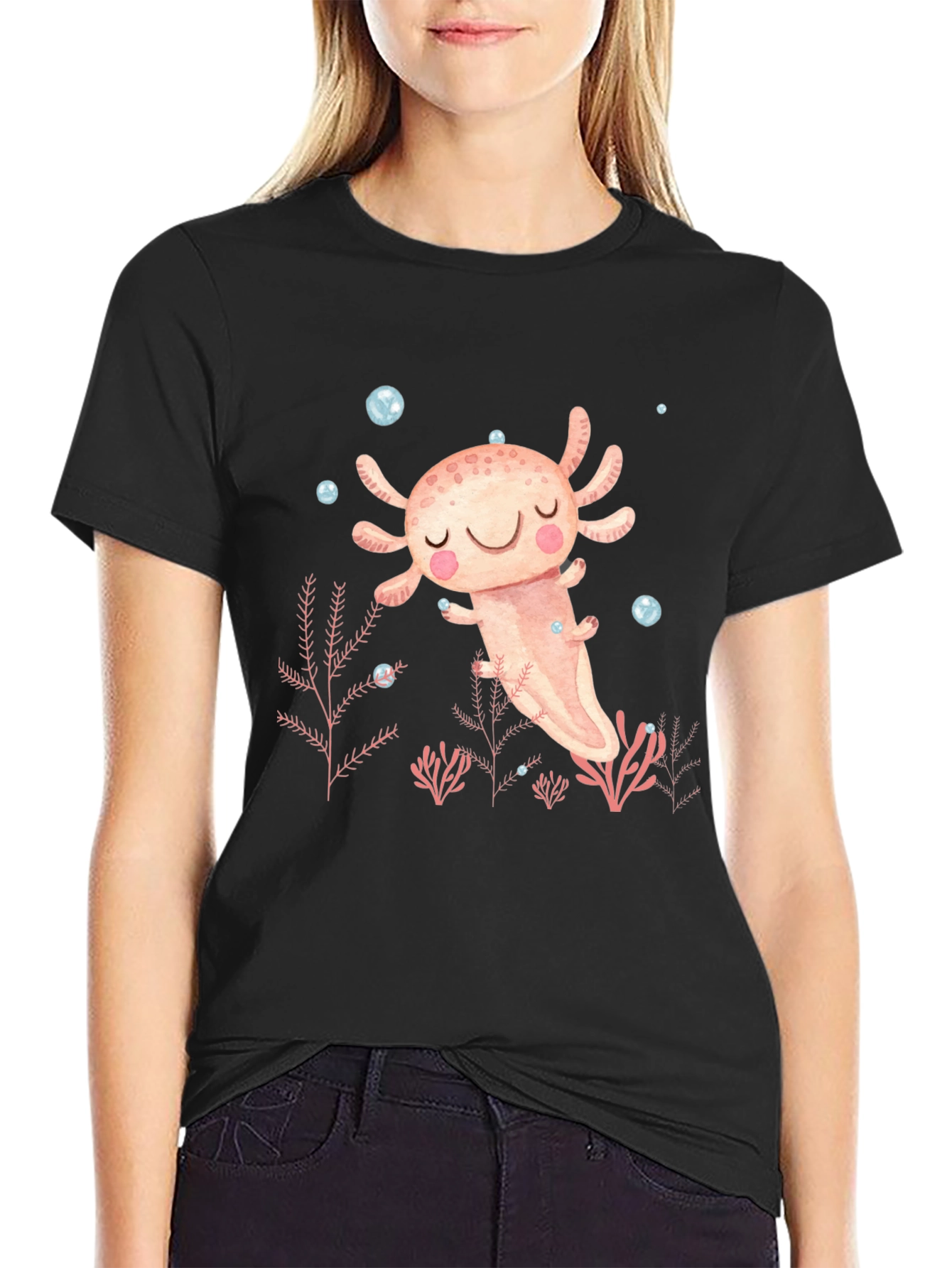 Black Axolotl Cute Kawaii Design Black T-Shirt view 2