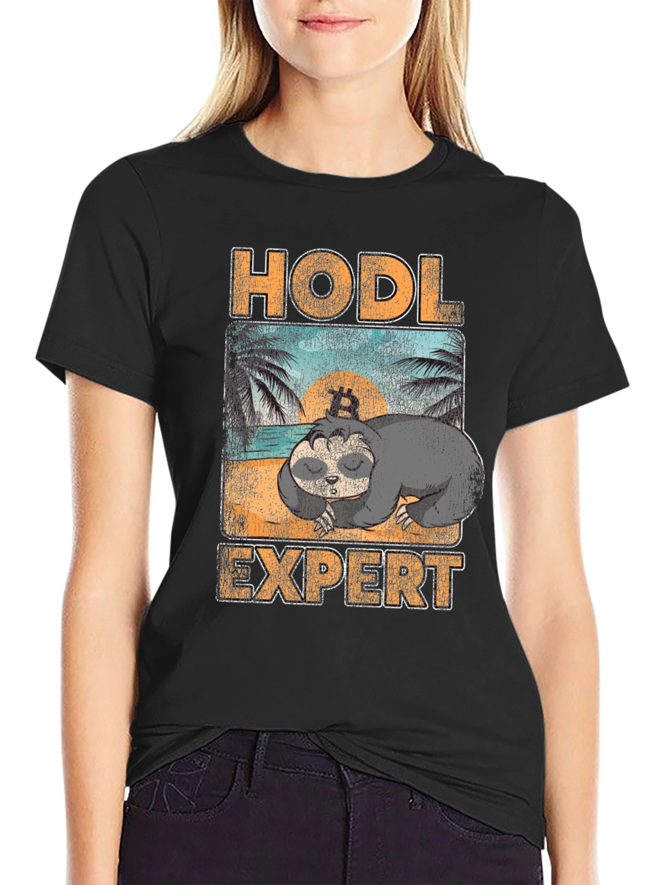 Black HODL Expert Sloth Bitcoin Crypto T-Shirt view 2