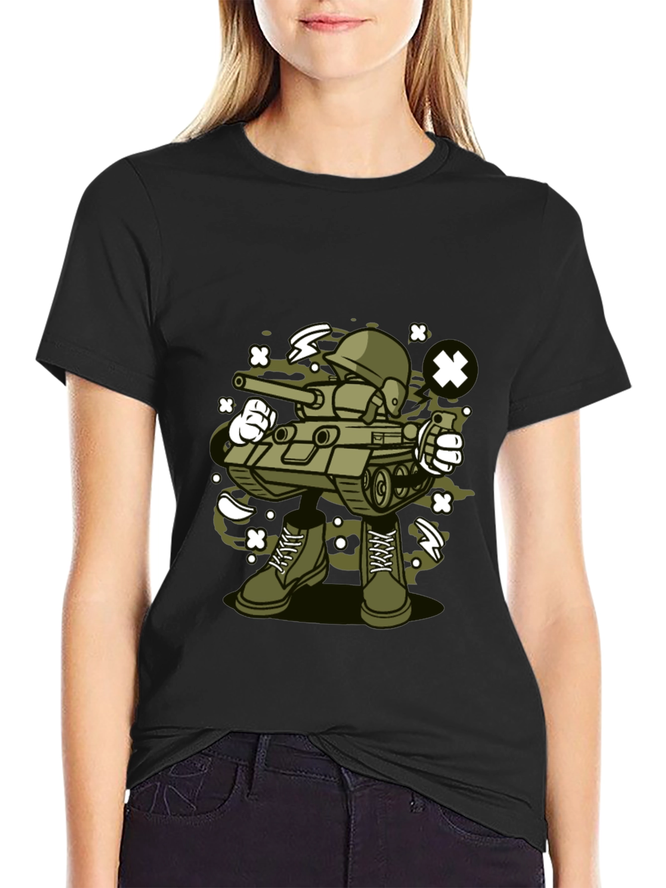 Black Cartoon Tank Soldier T-Shirt - Black view 2