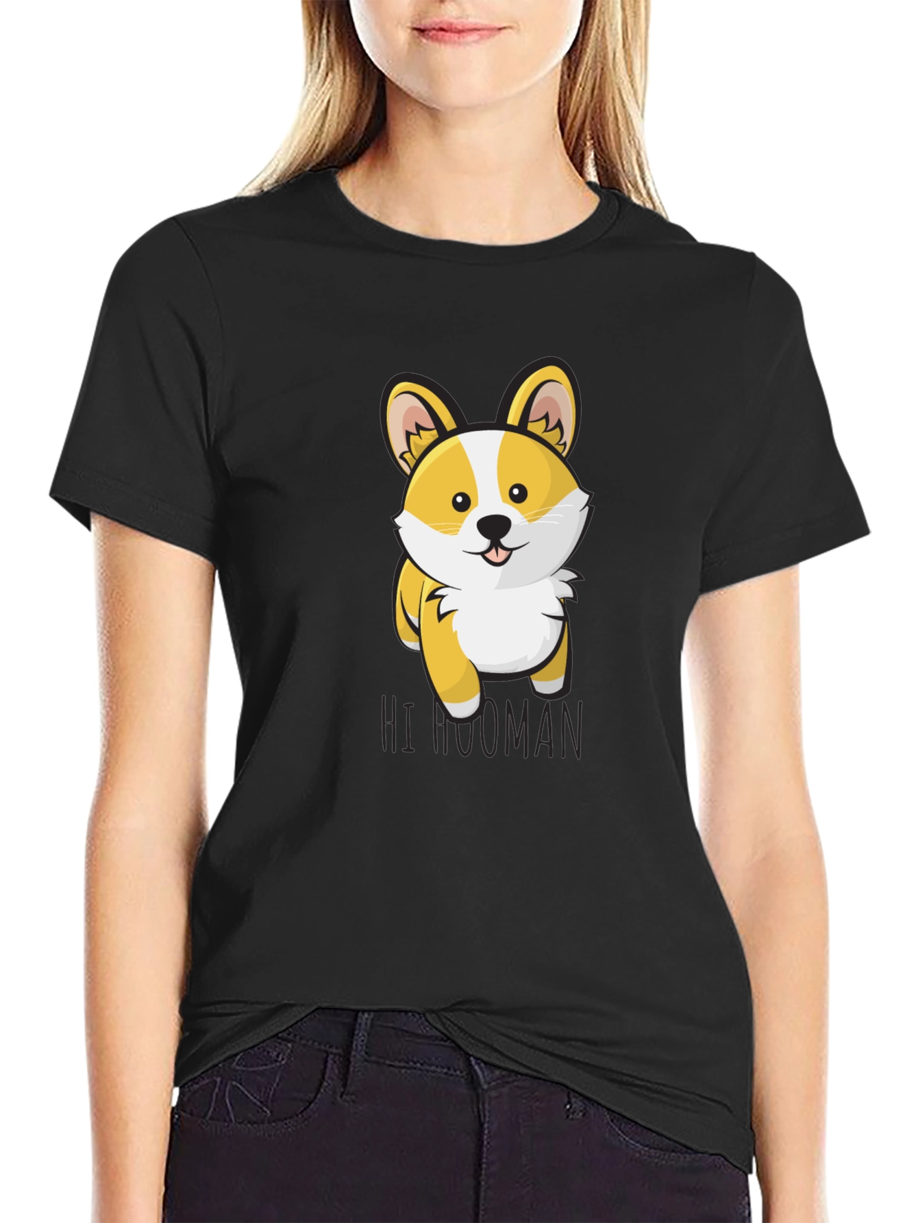 Black Cute Corgi 'Hi Human' Graphic T-Shirt view 2