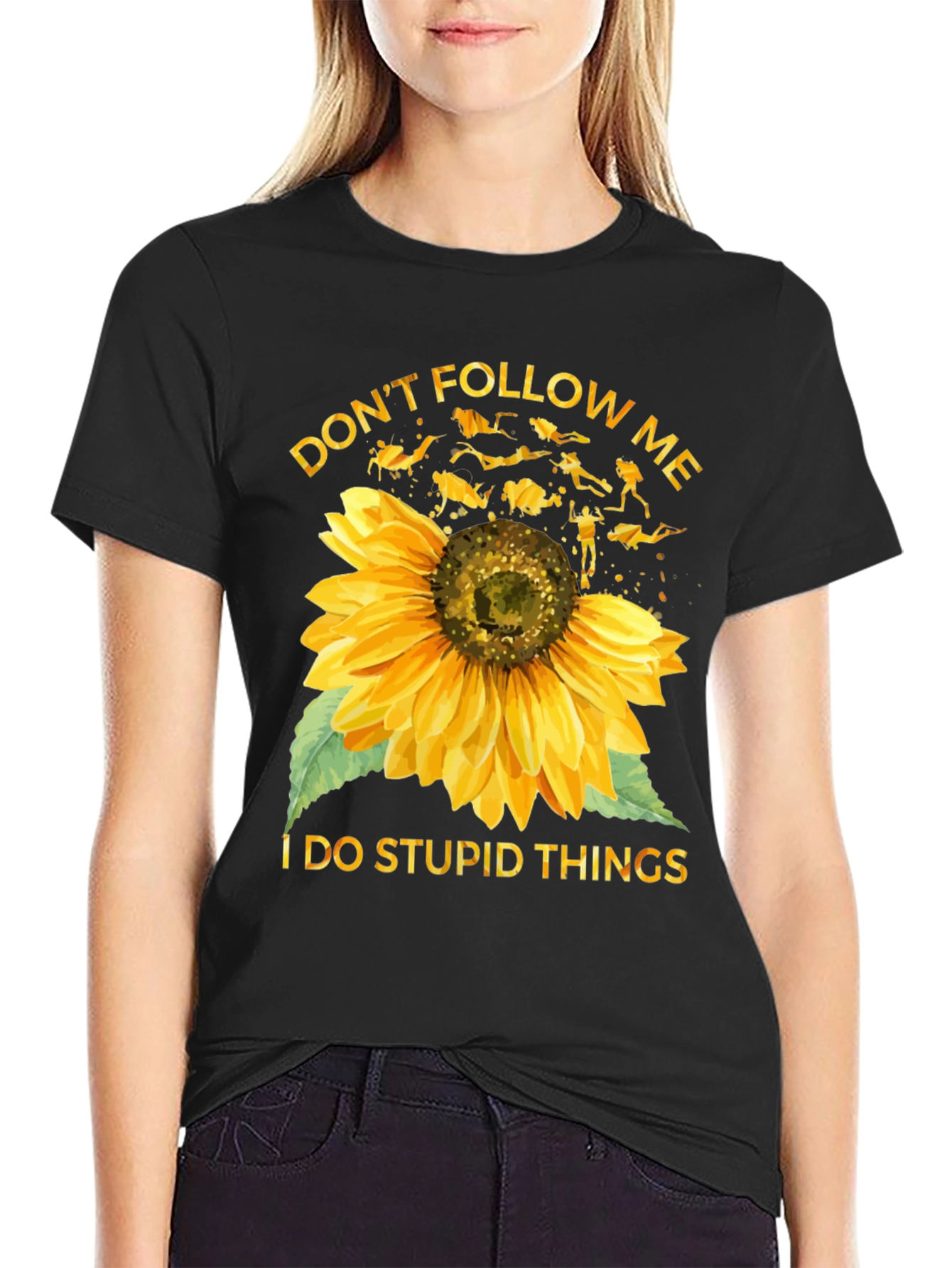 Black Don't Follow Me Sunflower Scuba Diving T-Shirt view 2