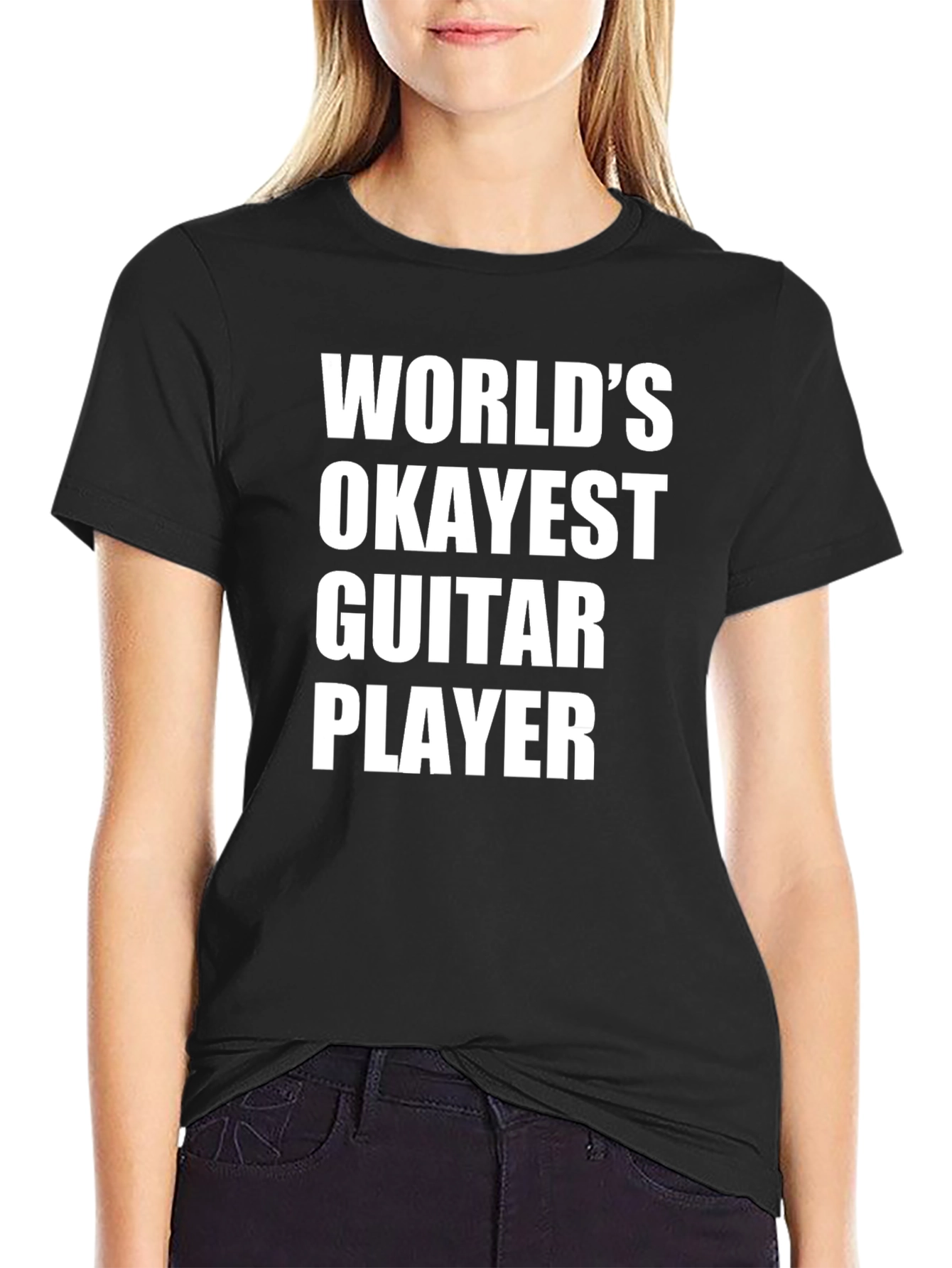 Black World's Okayest Guitar Player - Funny Black T-Shirt view 2