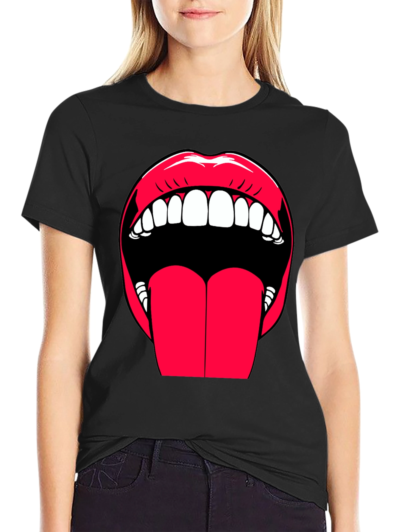 Black Bold Lips Graphic Tee - Expressive Black Cotton T-Shirt view 2
