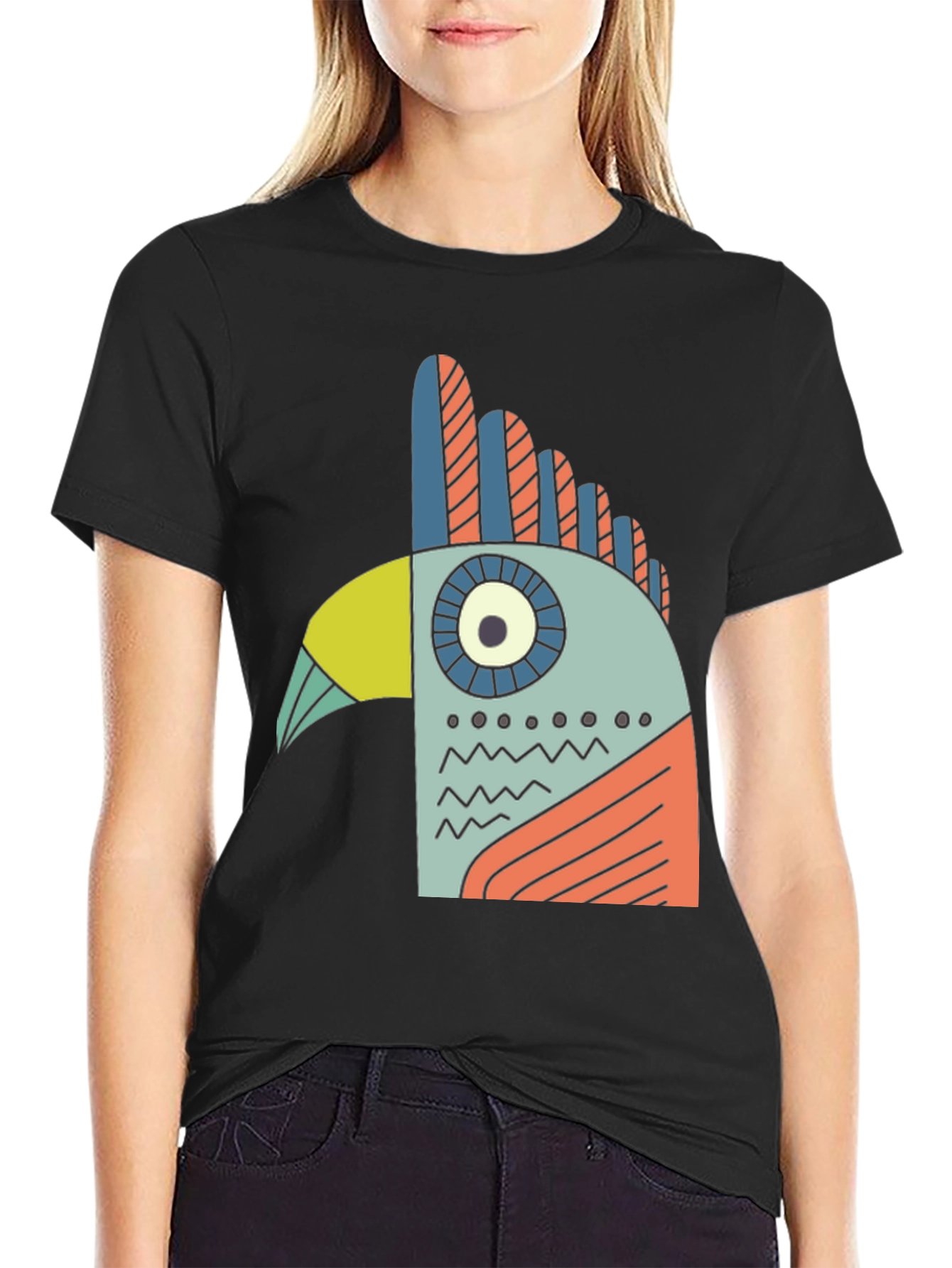 Black Abstract Bird Graphic Tee - Black Cotton T-Shirt view 2