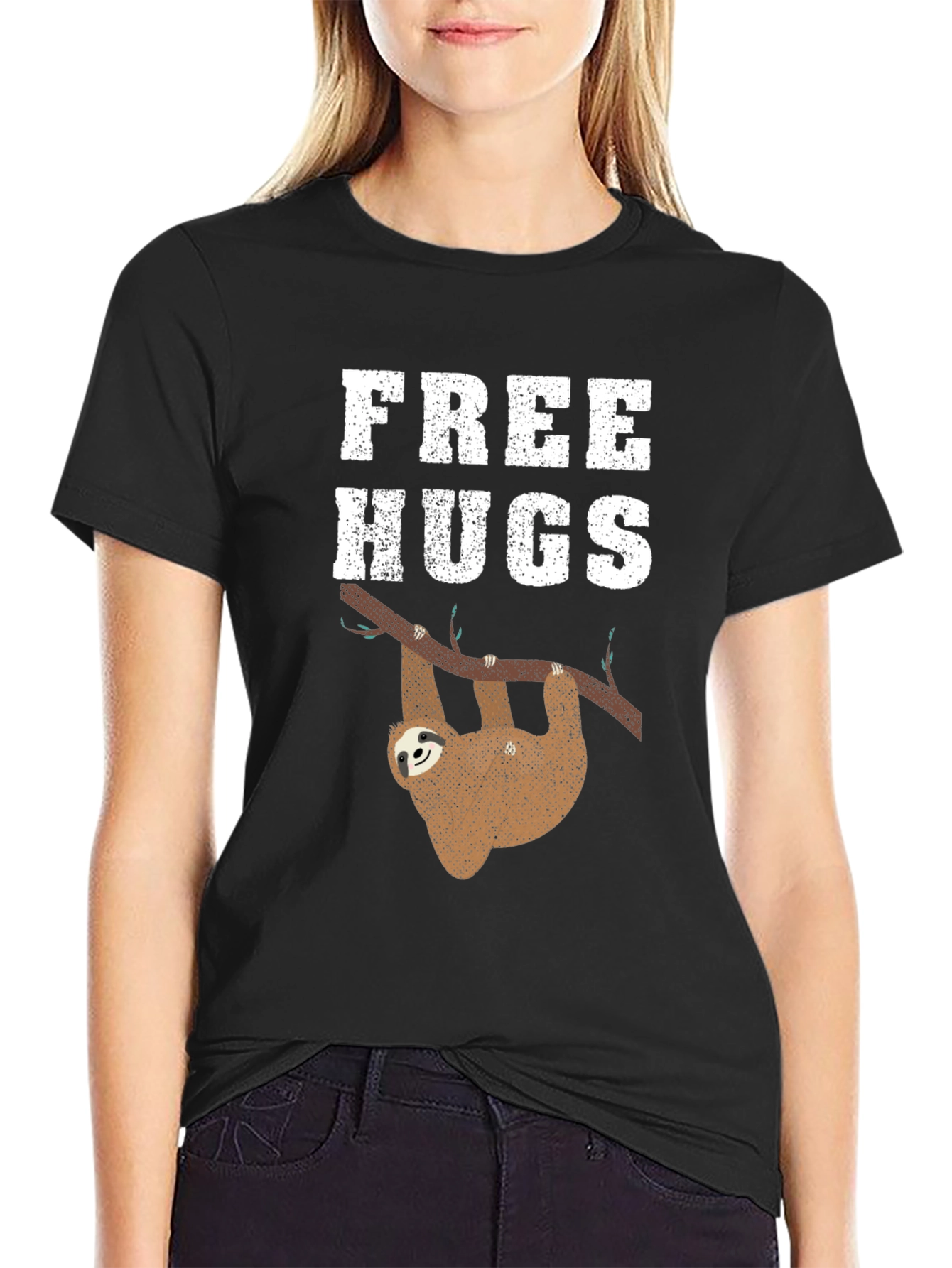 Black Free Hugs Sloth Graphic Tee Shirt view 2