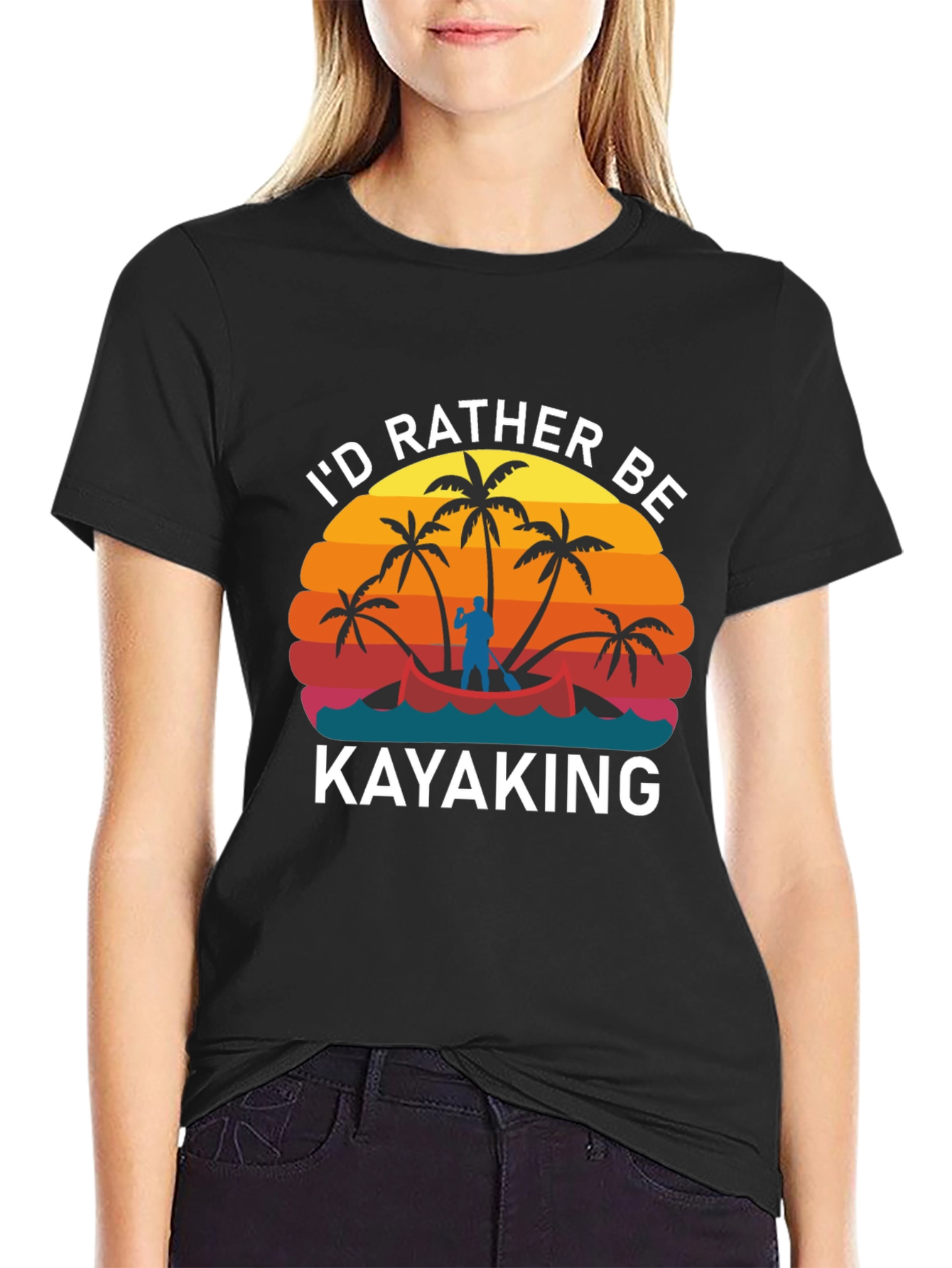 Black Retro Kayaking T-Shirt - I'd Rather Be Kayaking view 2