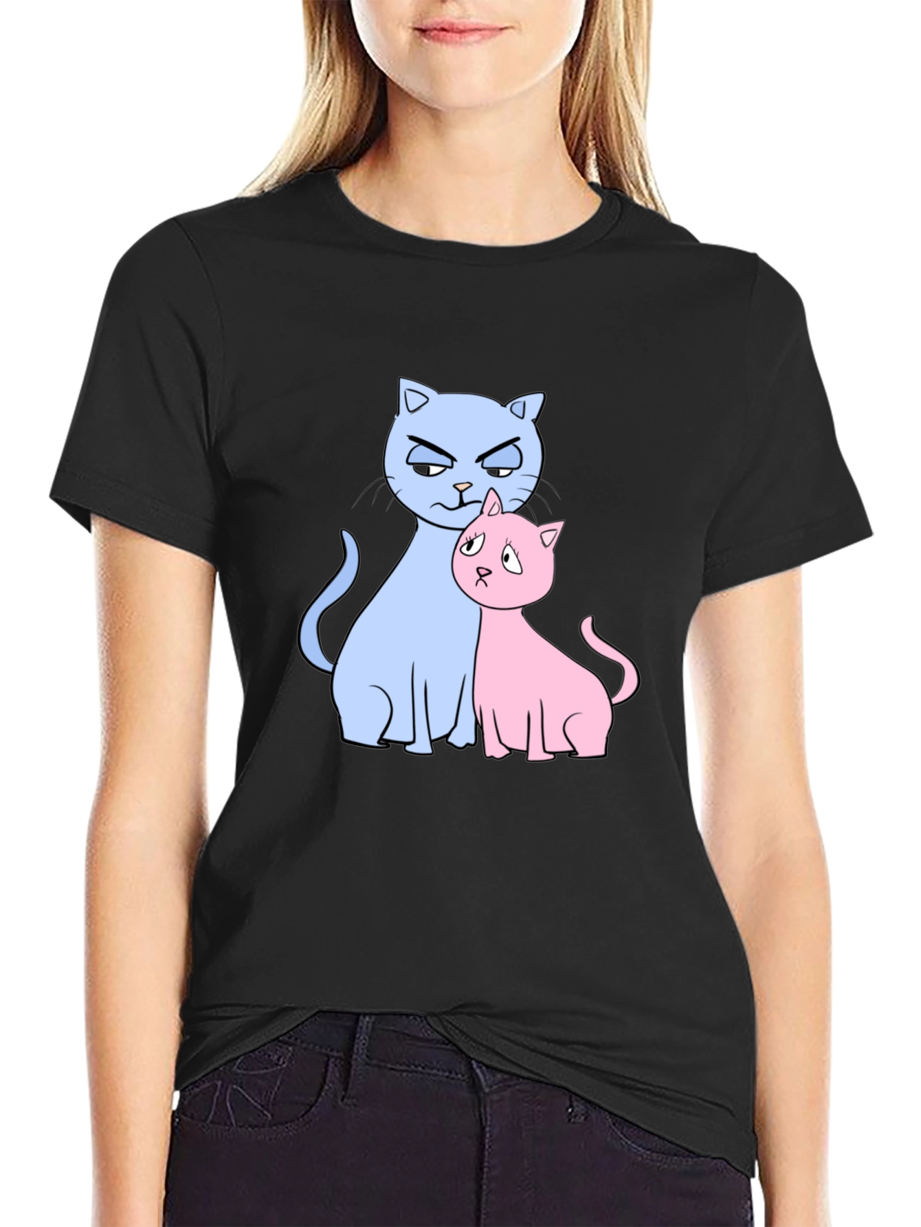 Black Cute Cats Graphic Print T-Shirt view 2
