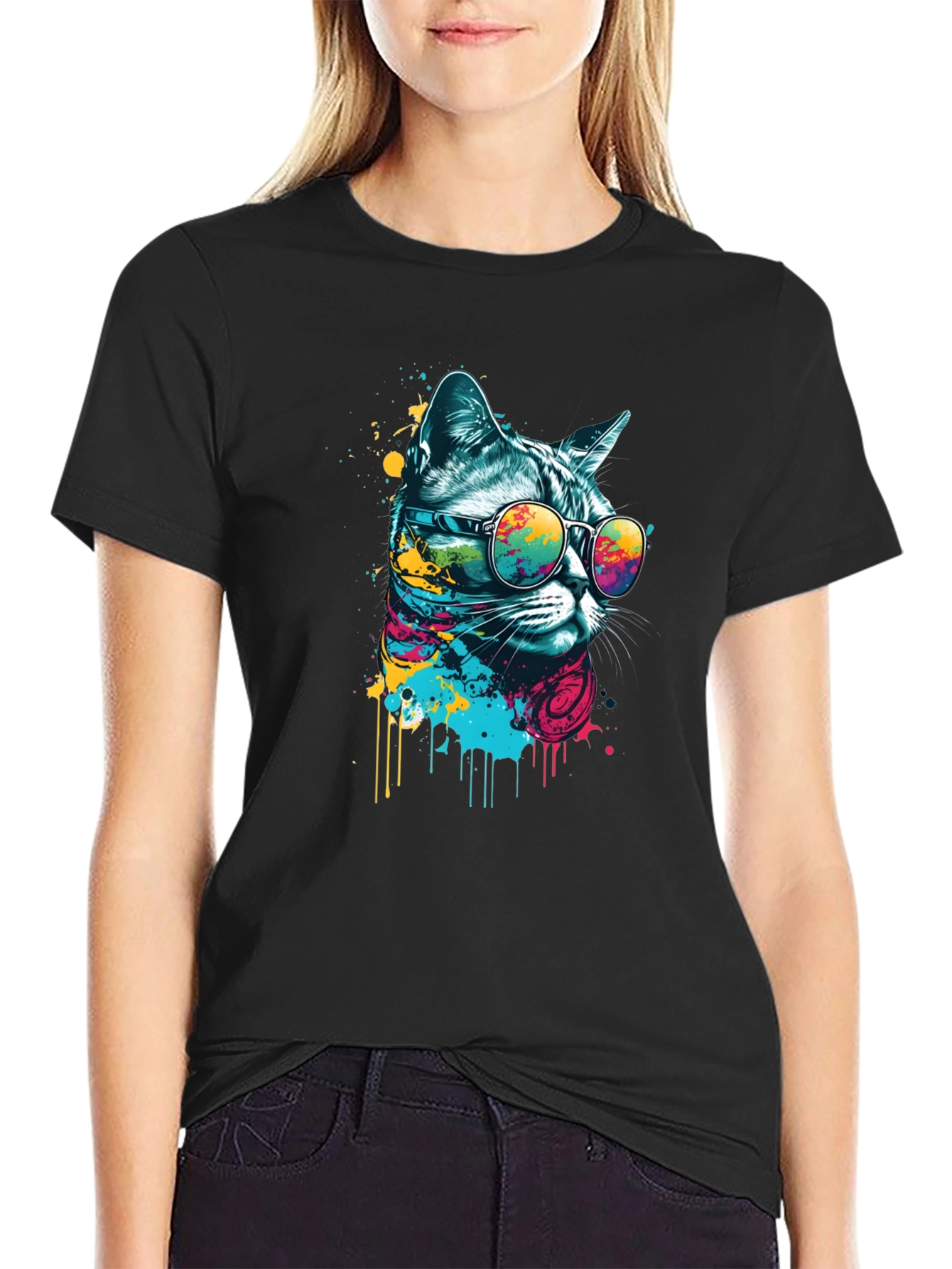 Black Cool Cat T-Shirt - Graphic Print Tee view 2