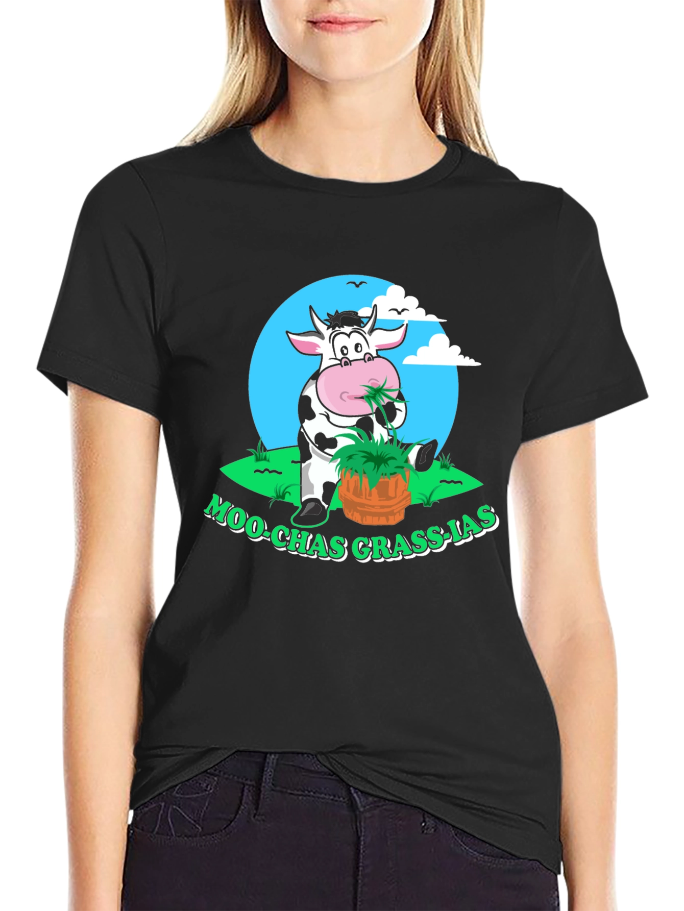Black Moo-chas Grass-ias Funny Cow Graphic Tee view 2