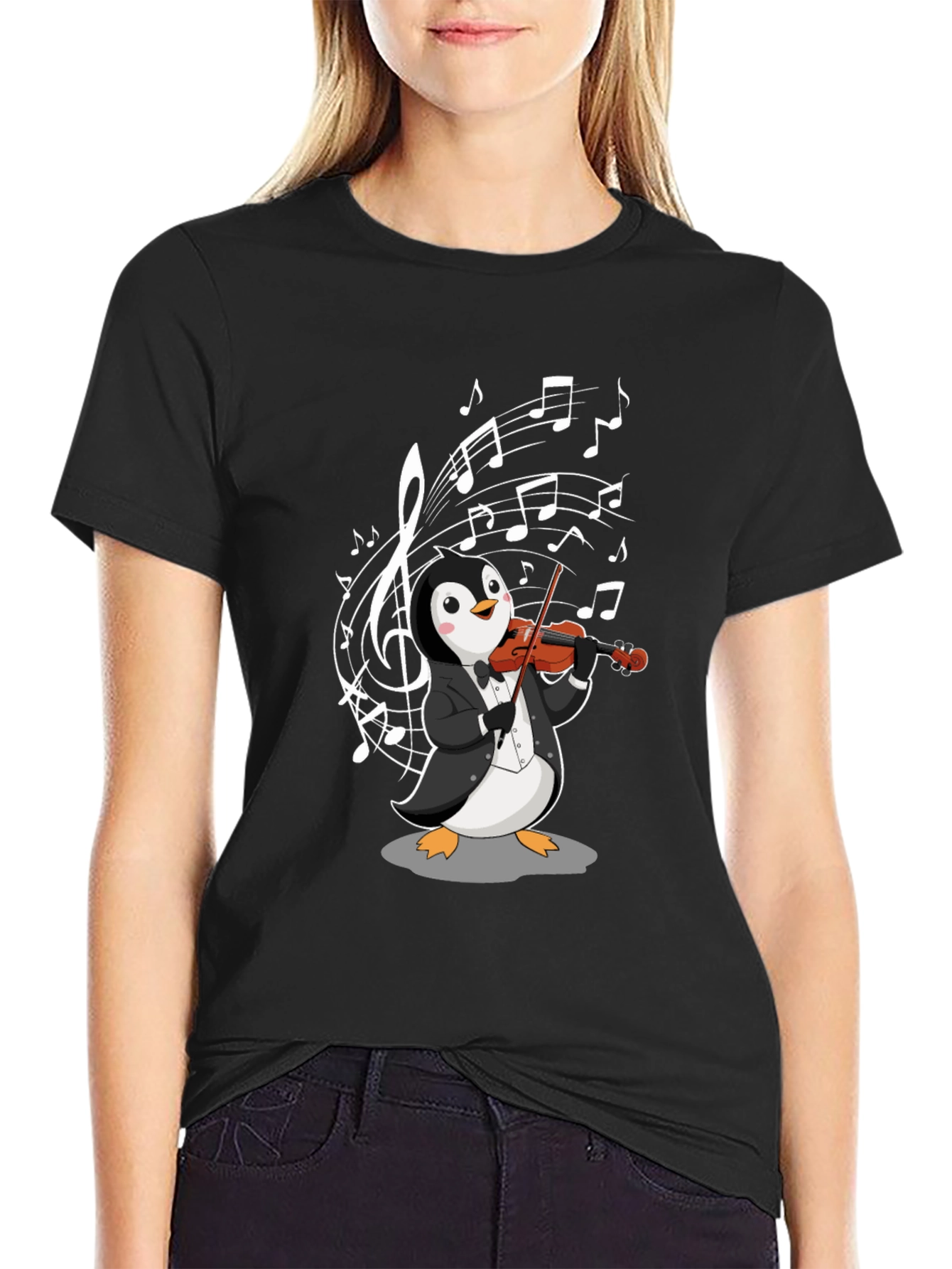 Black Penguin Violinist Graphic T-Shirt - Music Lover Tee view 2