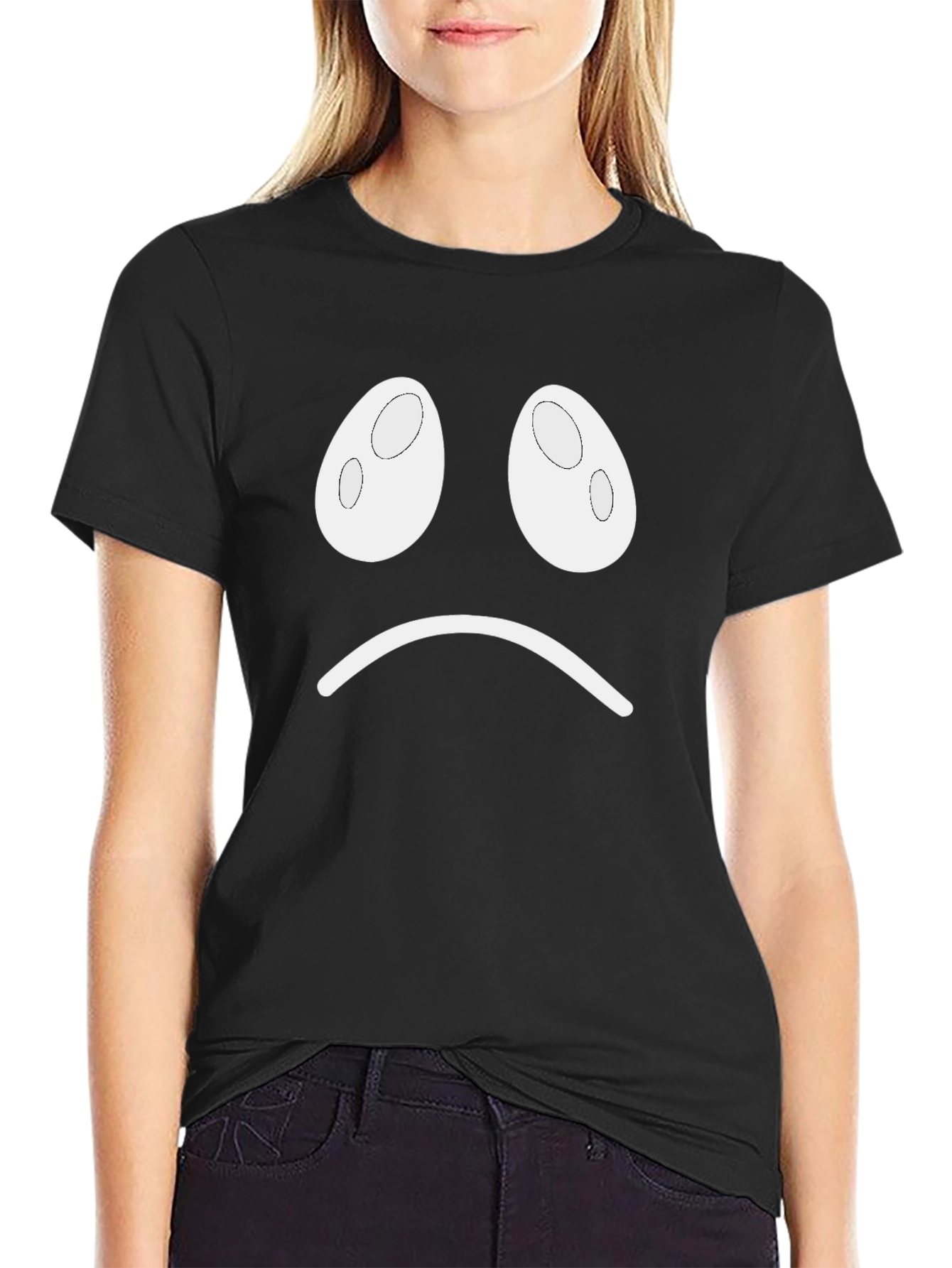 Black Sad Face Graphic T-Shirt - Black Casual Tee view 2