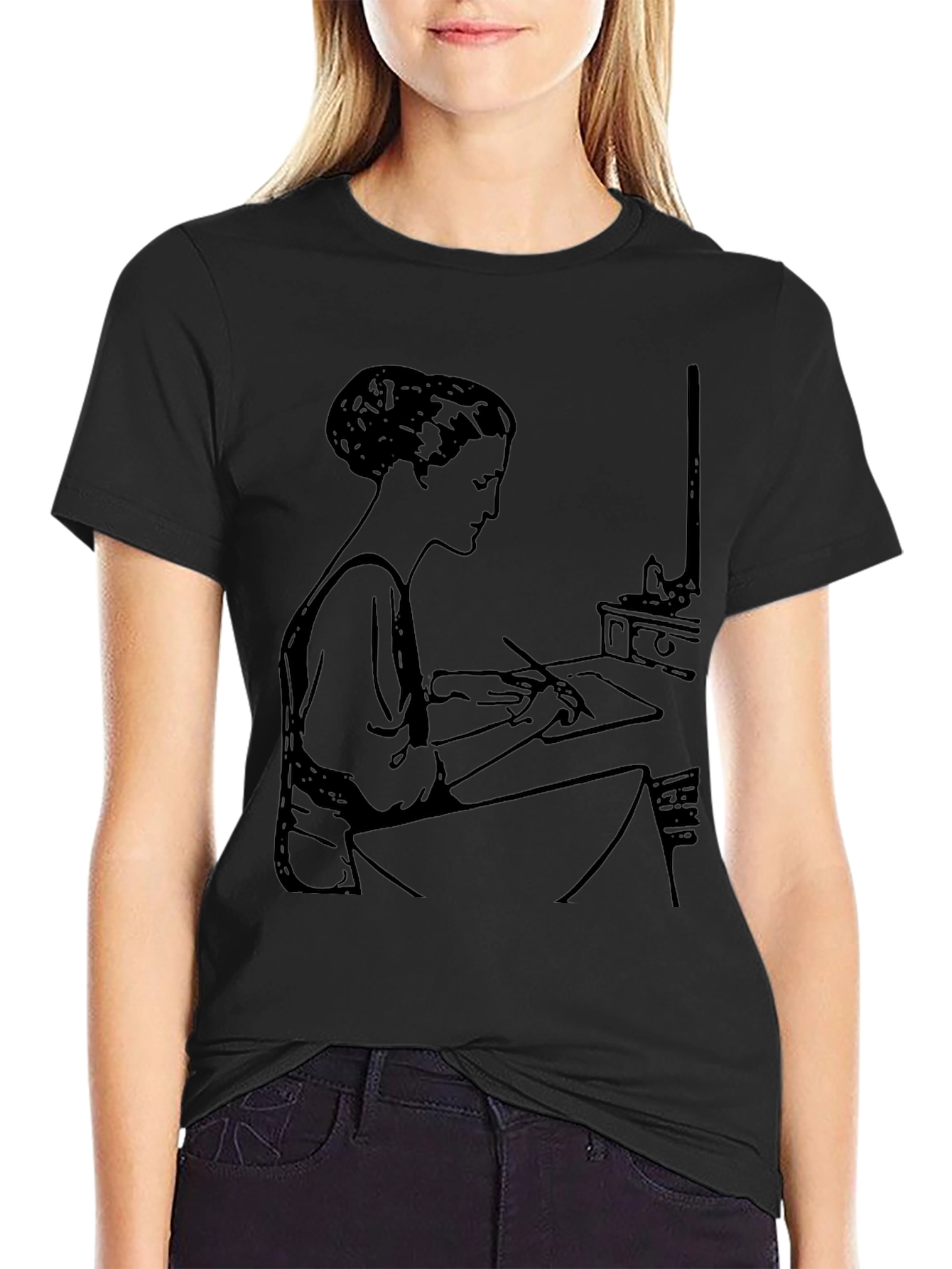 Black Woman Writing Black T-Shirt view 2