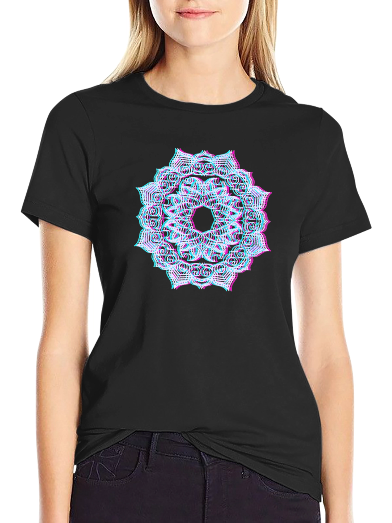 Black Mandala Glitch Black T-Shirt view 2