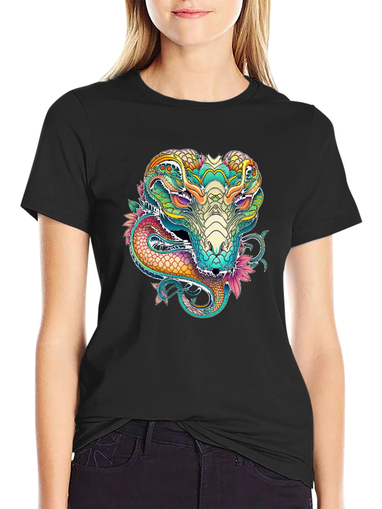 Black Vibrant Cobra Graphic Print Black T-Shirt view 2