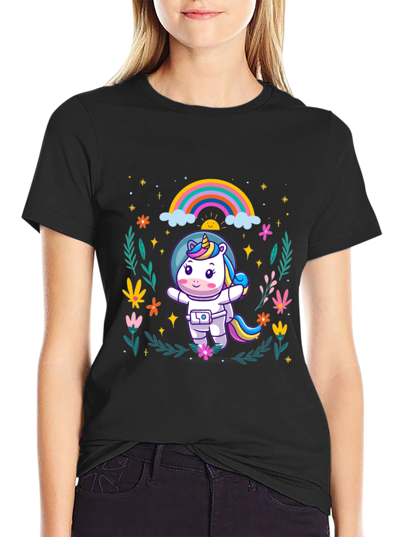 Black Unicorn Astronaut Graphic T-Shirt view 2