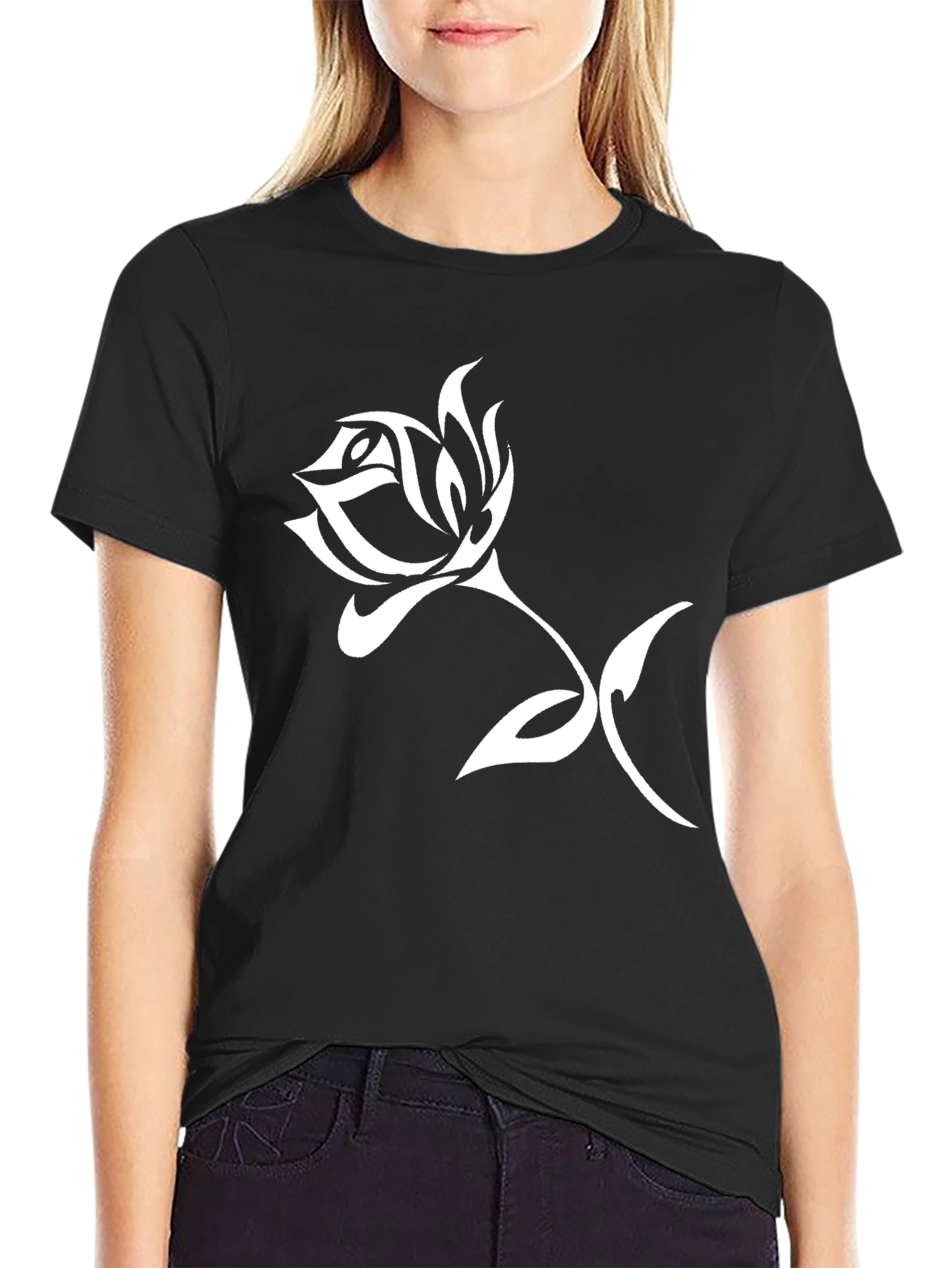 Black Tribal Rose Graphic Black T-Shirt view 2