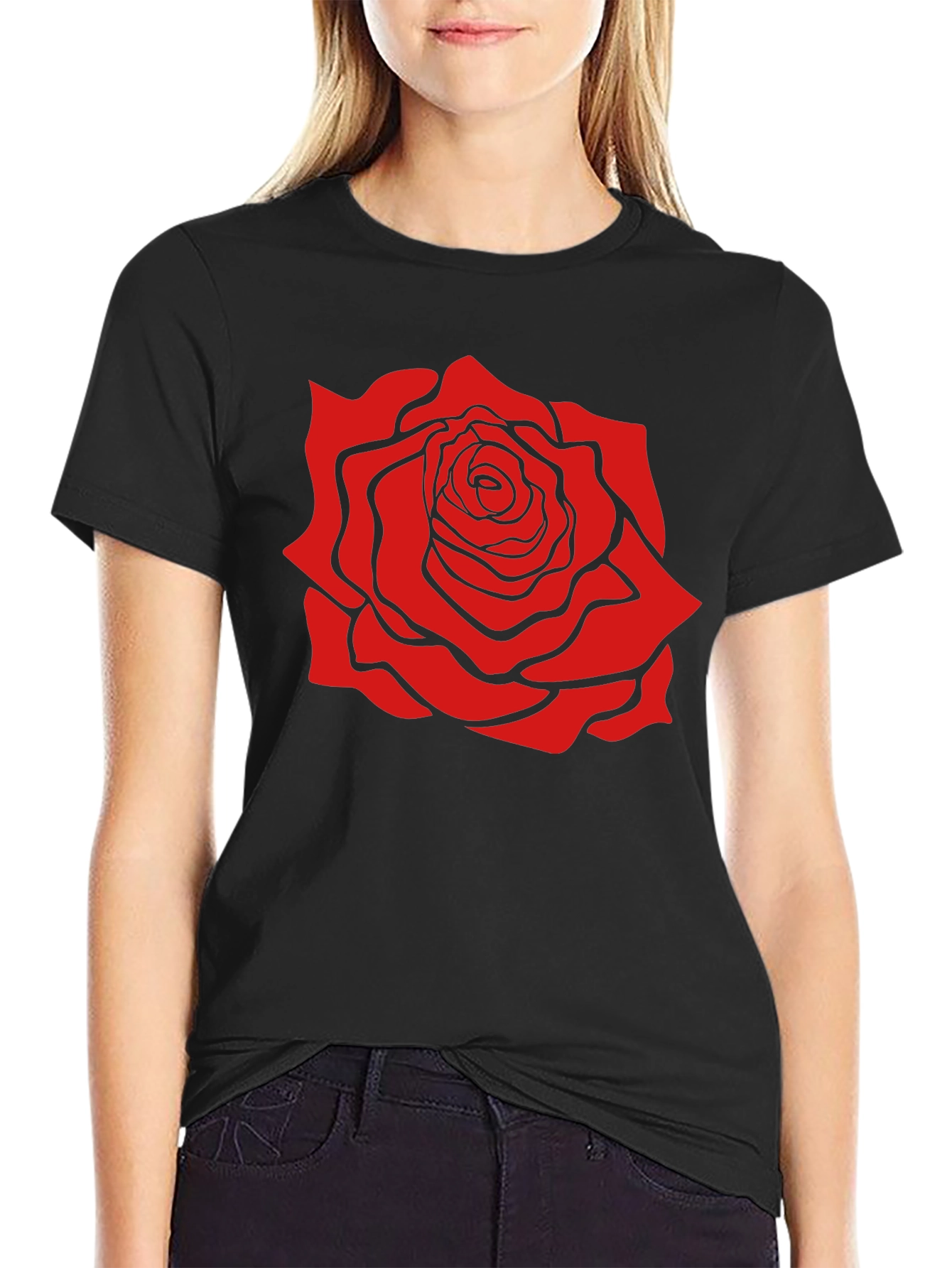 Black Black T-Shirt with Bold Red Rose Graphic view 2
