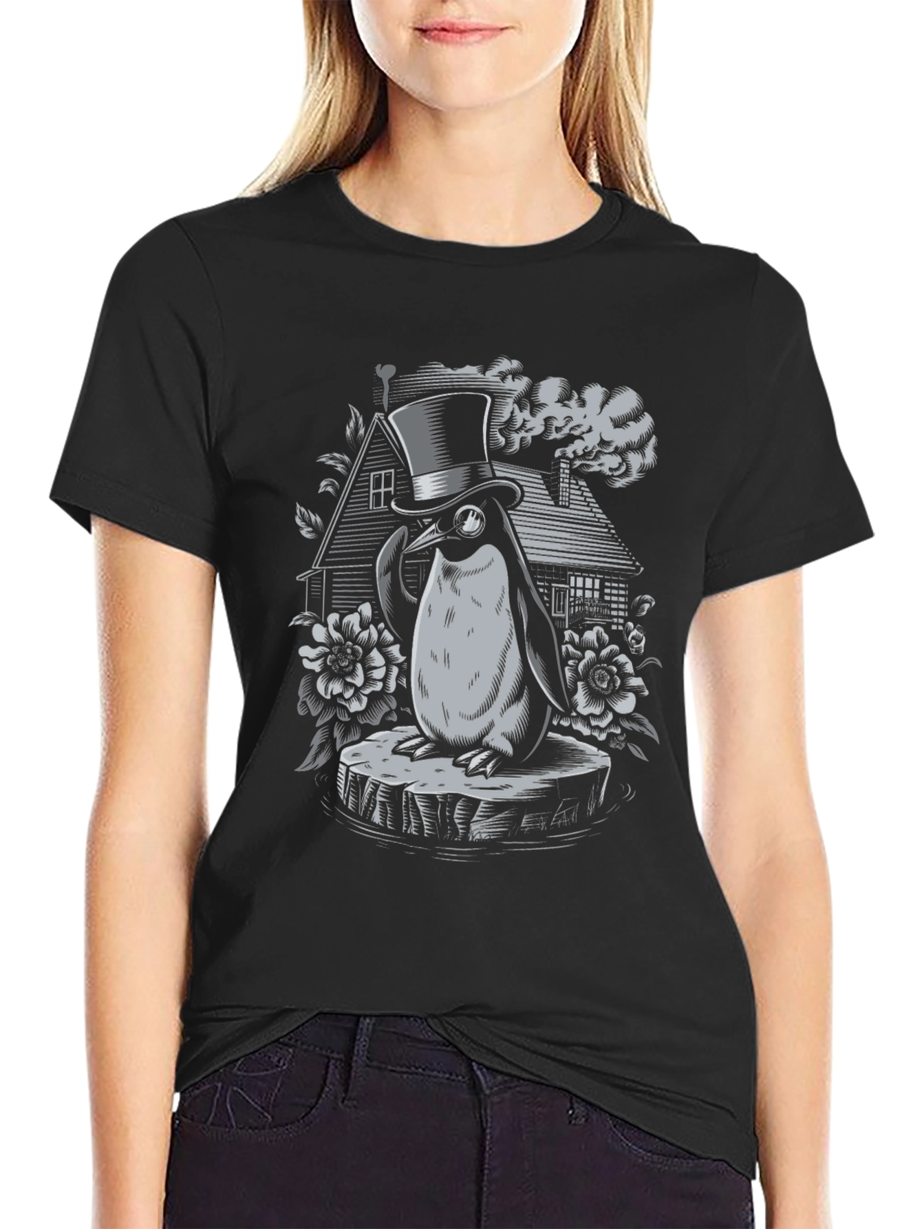 Black Penguin Top Hat Graphic Tee - Unique Design view 2