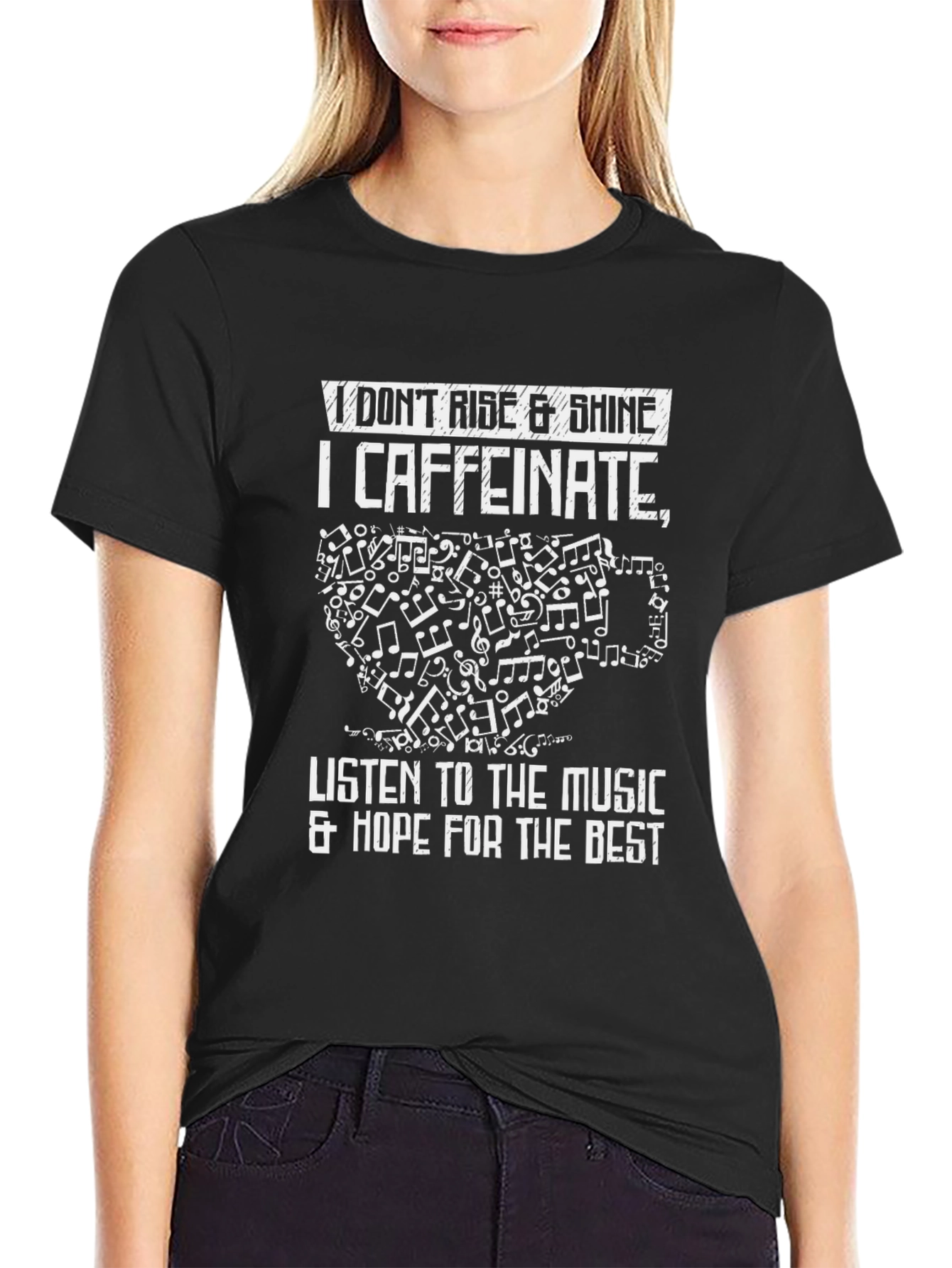 Black Caffeinate and Listen to Music Graphic Tee view 2