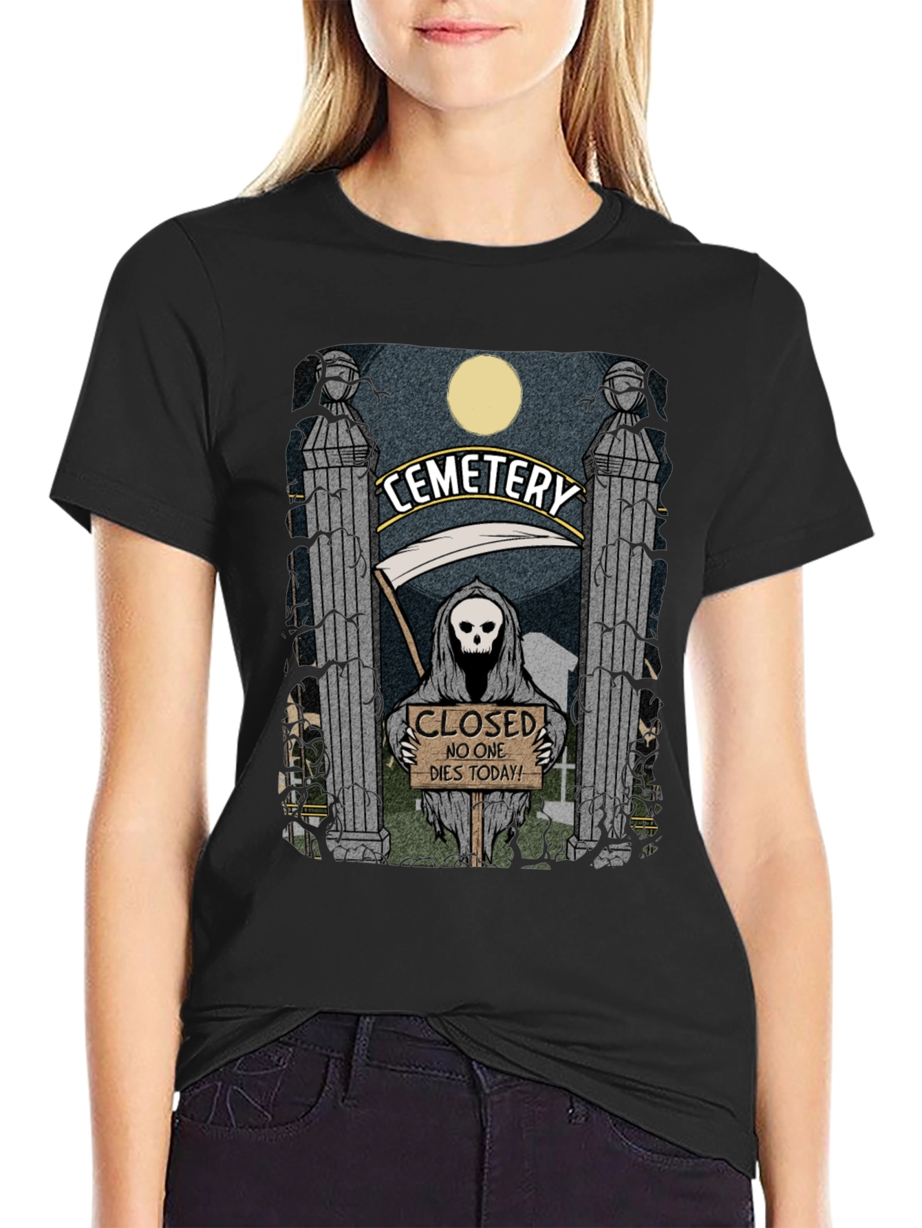 Black Cemetery Reaper Graphic T-Shirt - No One Dies Today view 2