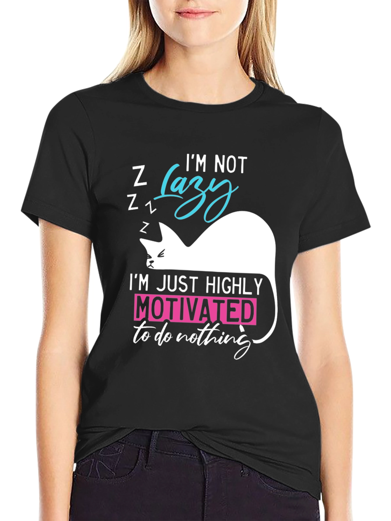 Black Funny Cat Lazy Motivation T-Shirt view 2